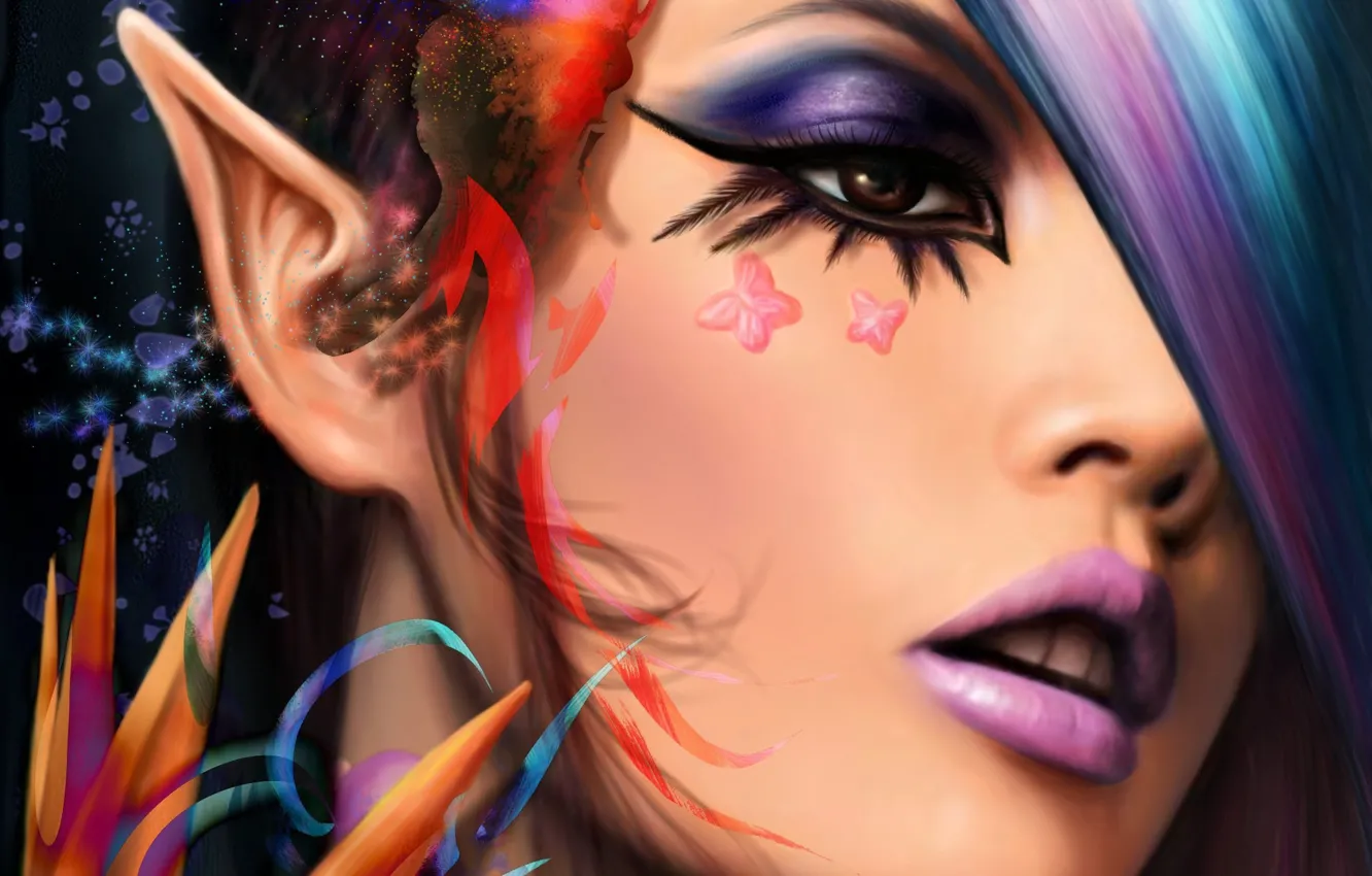 Photo wallpaper look, face, butterfly, makeup, art, elf, ears