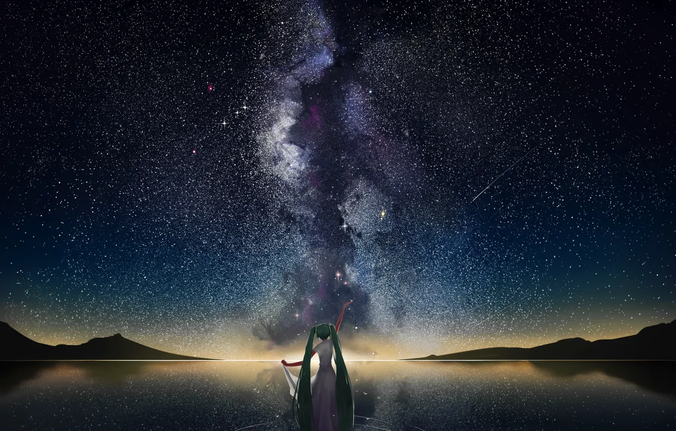 Photo wallpaper water, girl, stars, mountains, reflection, anime, art, vocaloid