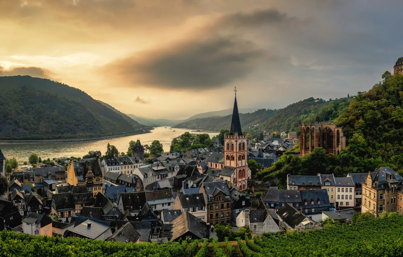 Photo wallpaper mountains, river, building, home, morning, Germany, Church, Germany