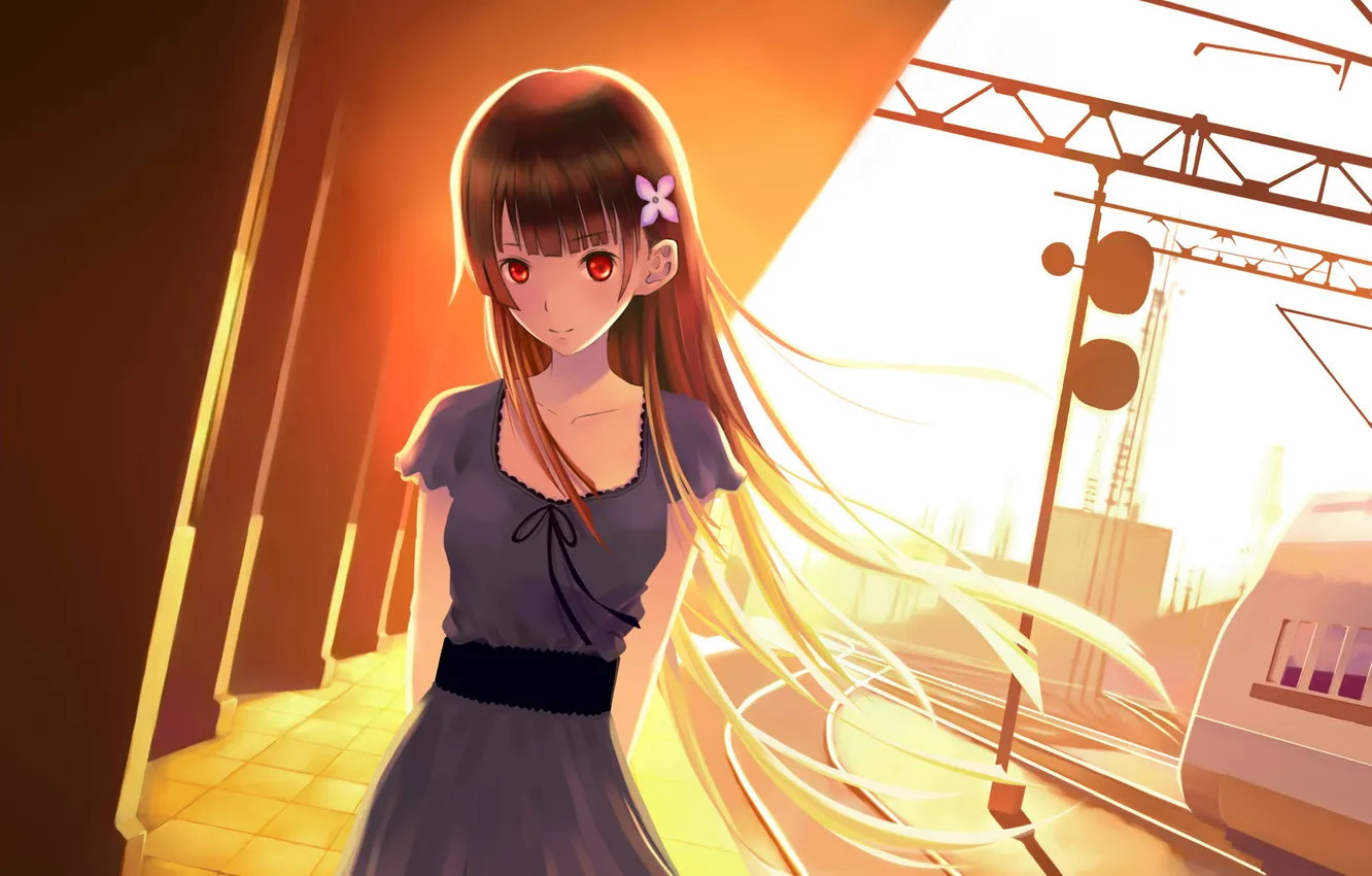 Photo wallpaper sunset, train, anime, girl, red eyes, art, sankarea, Sankyo Rea