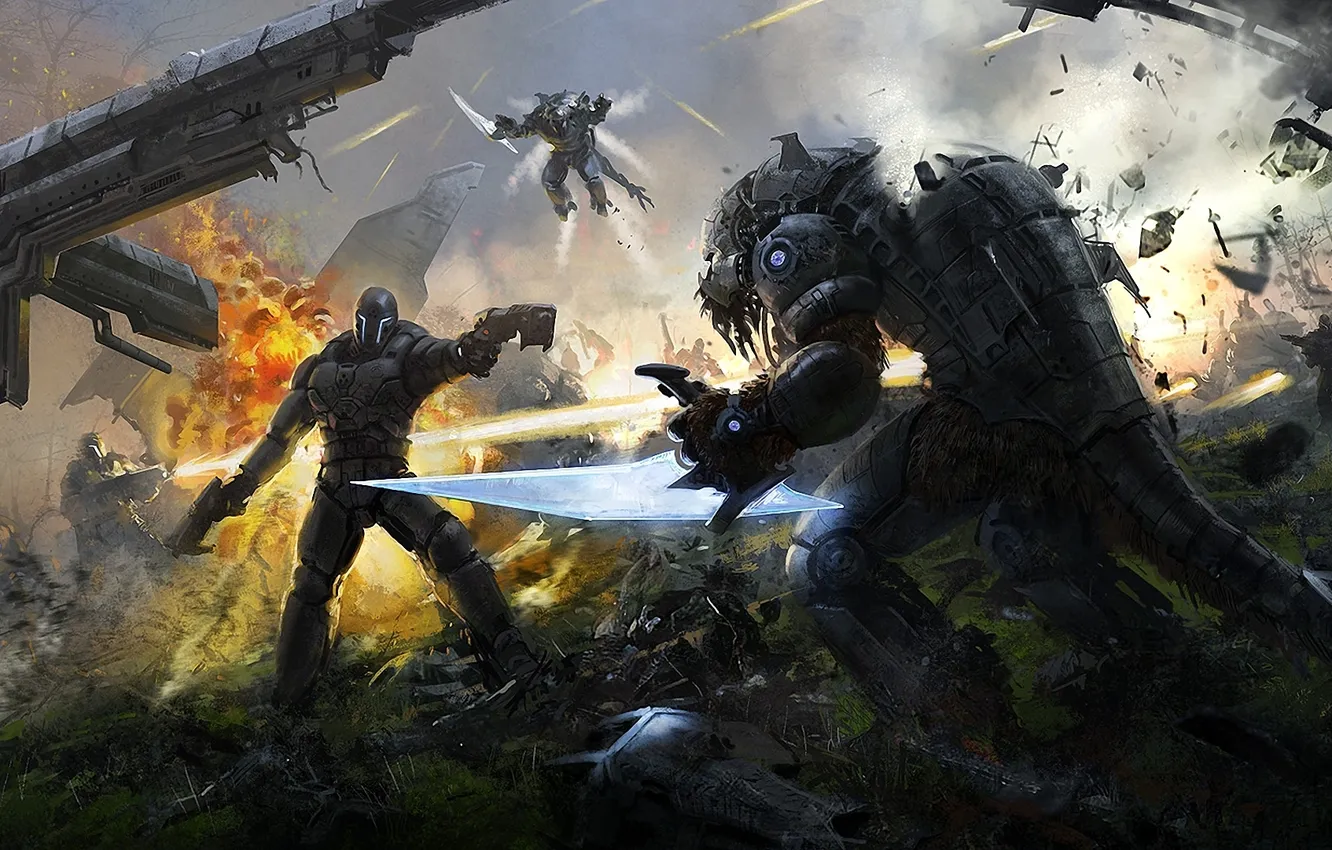 Photo wallpaper metal, lights, weapons, robot, monster, art, battle
