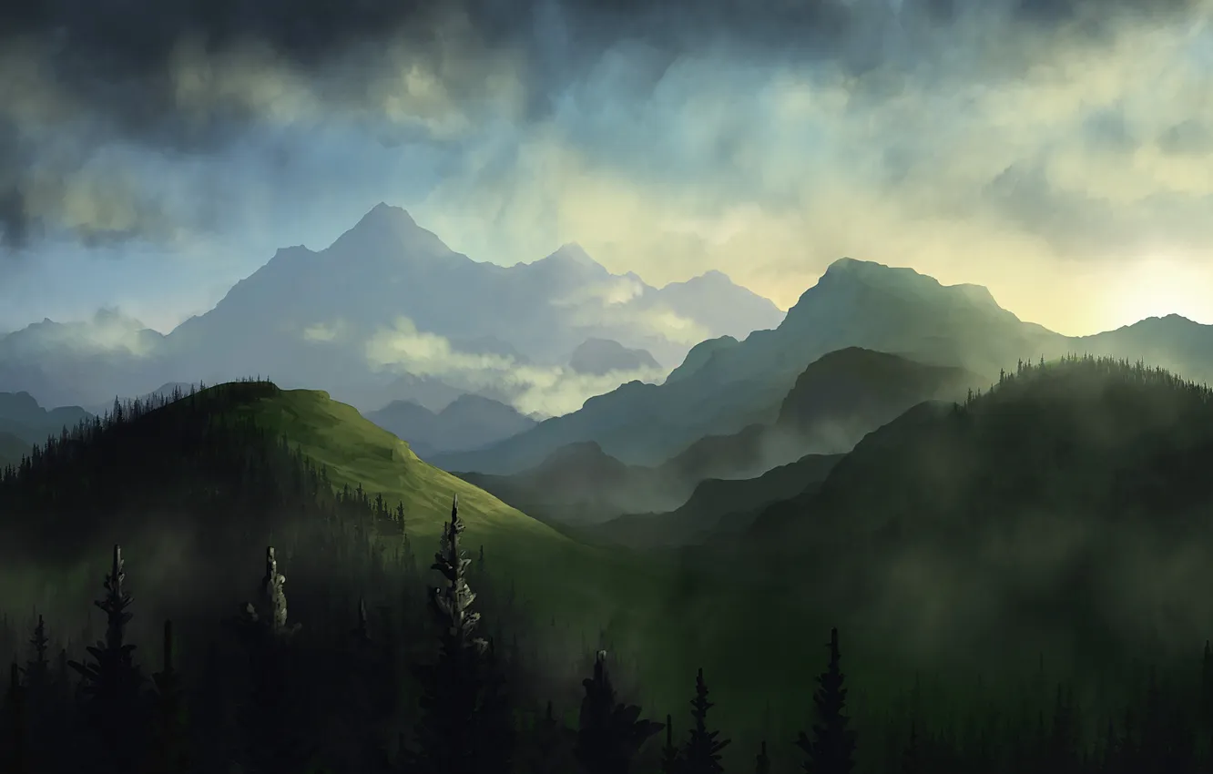 Photo wallpaper forest, clouds, trees, hills, spruce, art