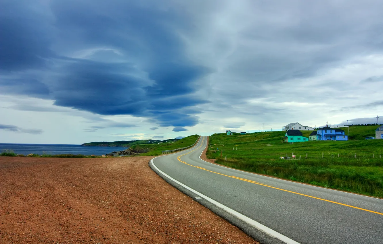 Photo wallpaper road, asphalt, overcast, houses