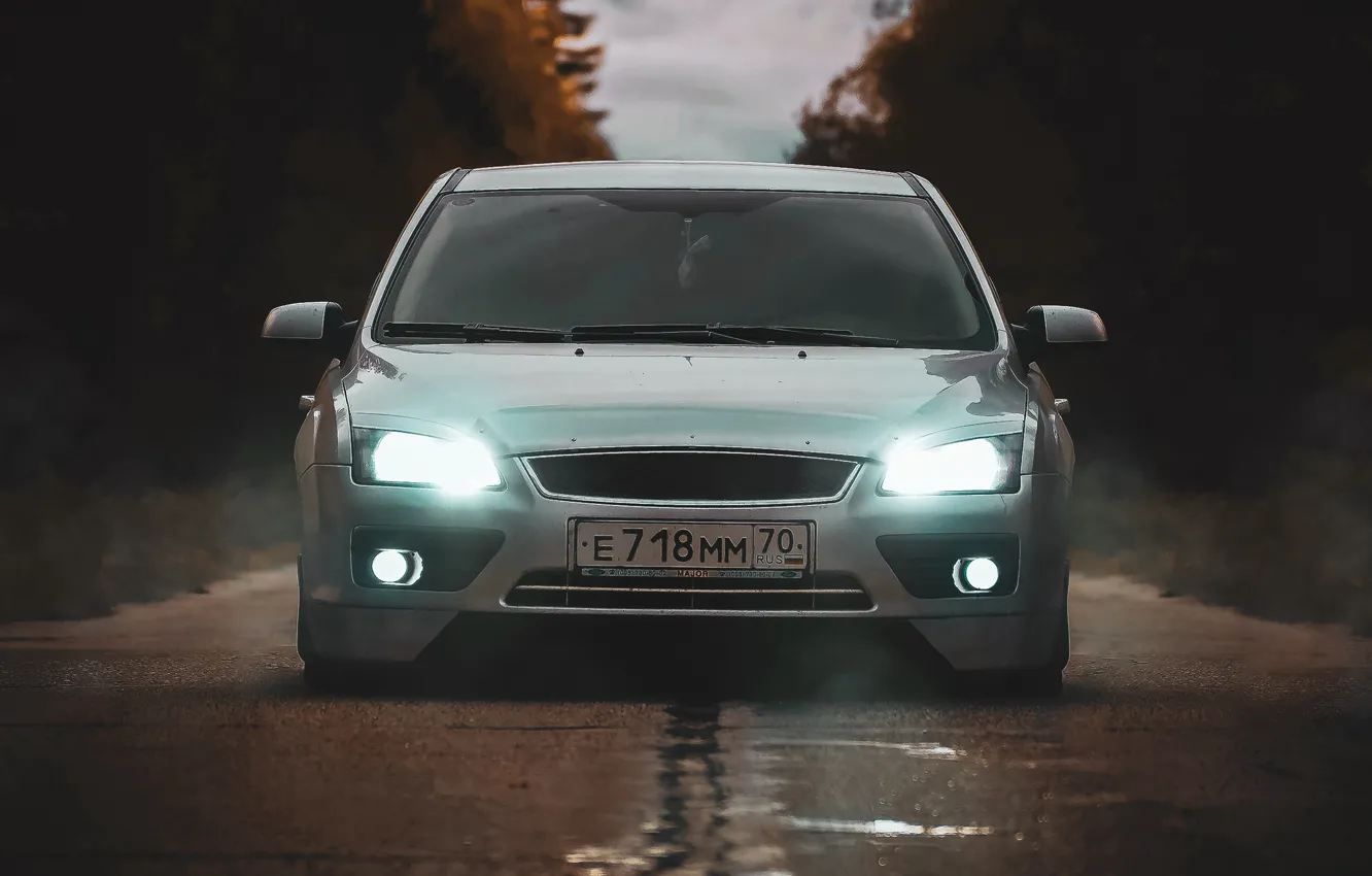Photo wallpaper road, forest, xenon, lights, tuning, sedan, Ford focus 2, Ford focus 2