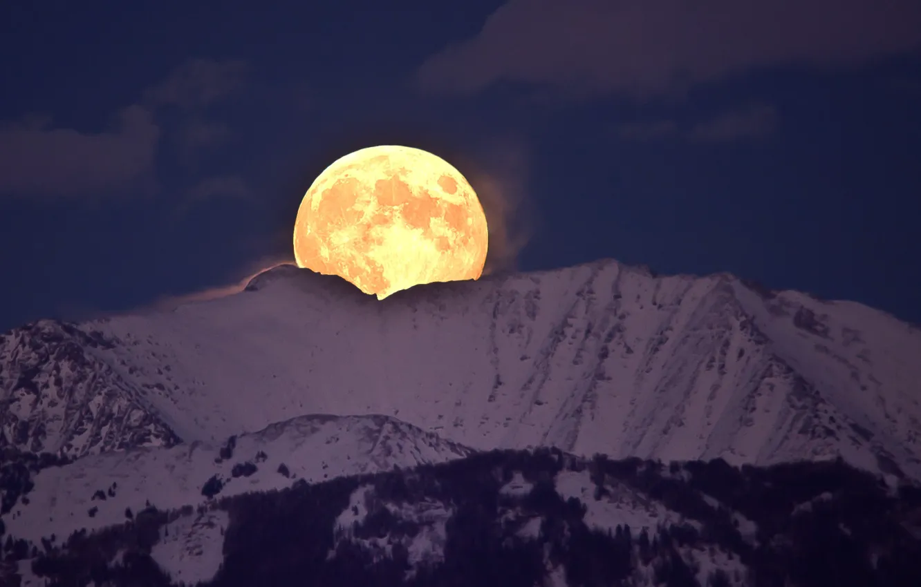 Photo wallpaper moon, night, winter, mountains, snow, full moon, rising