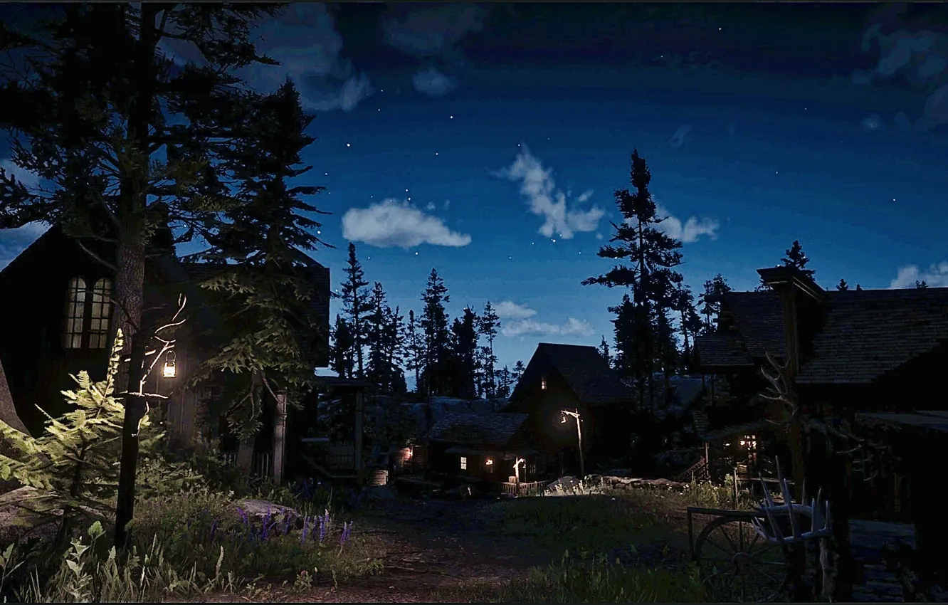 Photo wallpaper city, lights, HDR, game, sky, trees, night, clouds