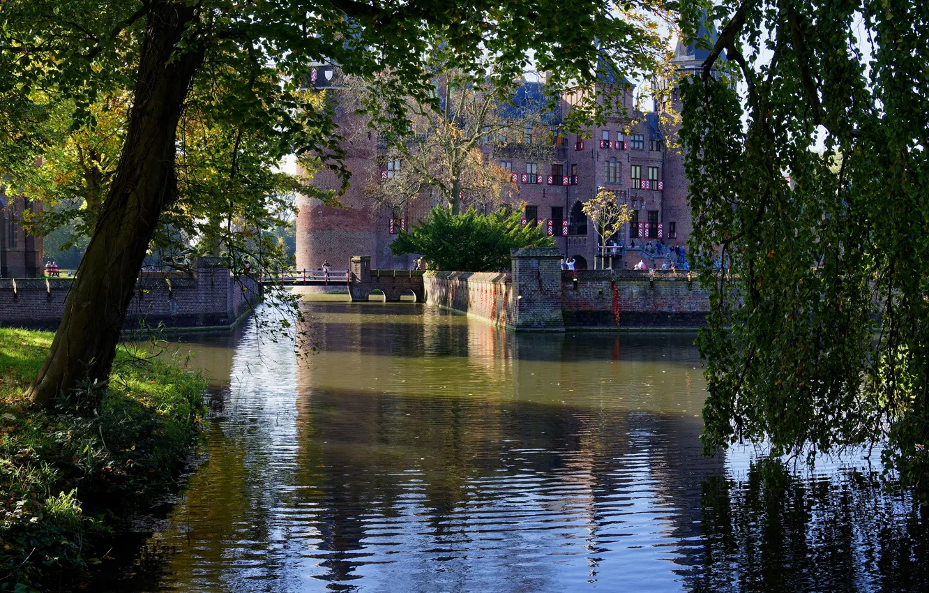 Photo wallpaper the sun, trees, branches, pond, Park, castle, foliage, Netherlands