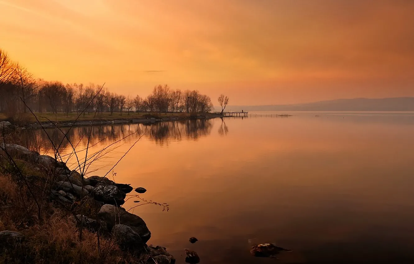 Photo wallpaper autumn, the sky, trees, sunset, lake, stones, the bridge