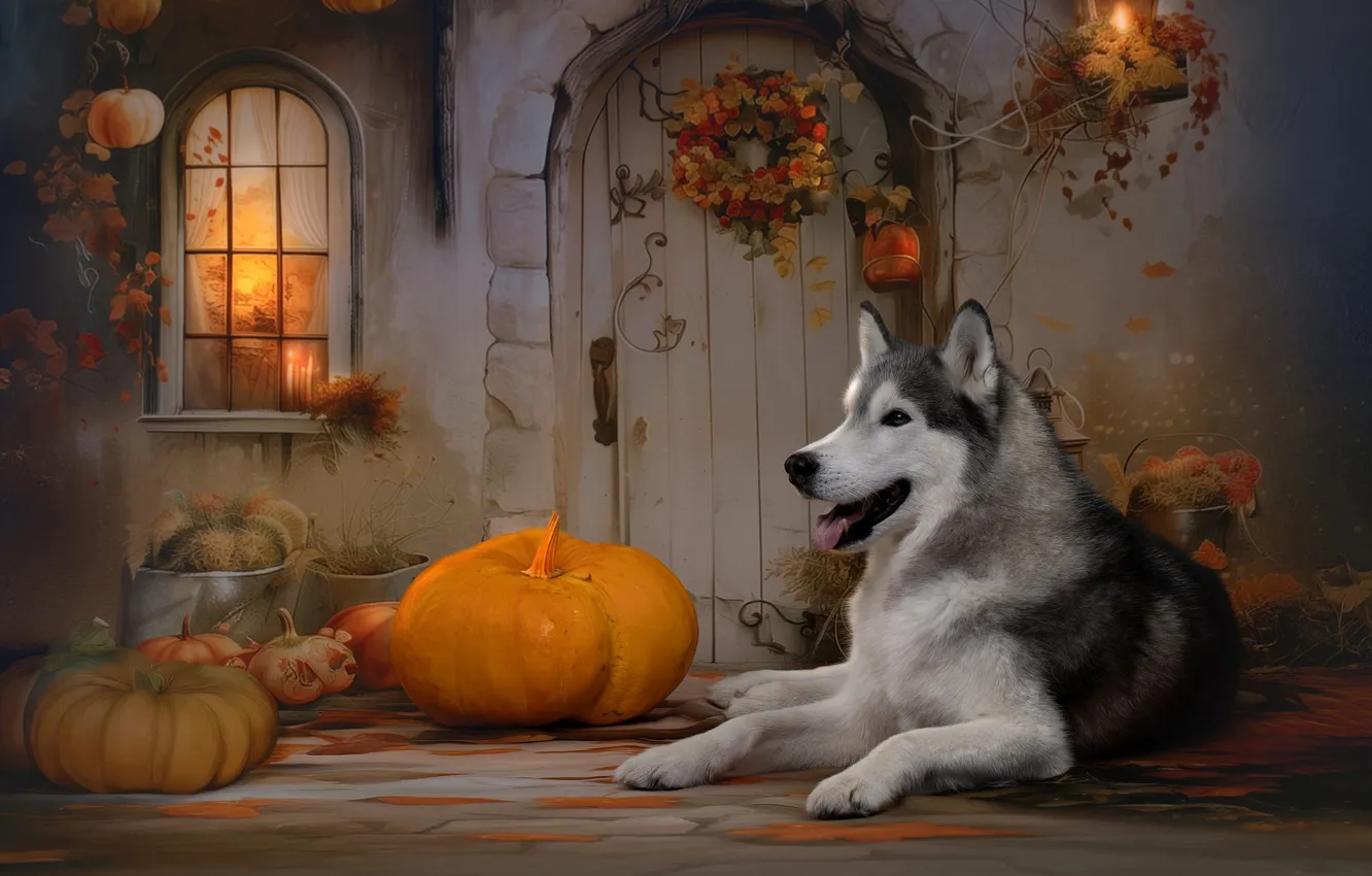 Photo wallpaper autumn, dog, pumpkin, husky, Svetlana Pisareva