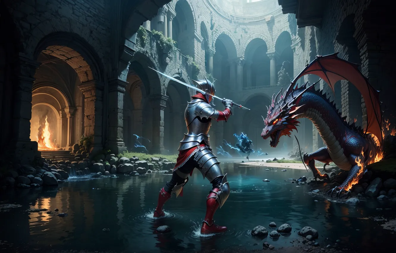 Photo wallpaper fantasy, water, people, men, dragons, costumes, neural network