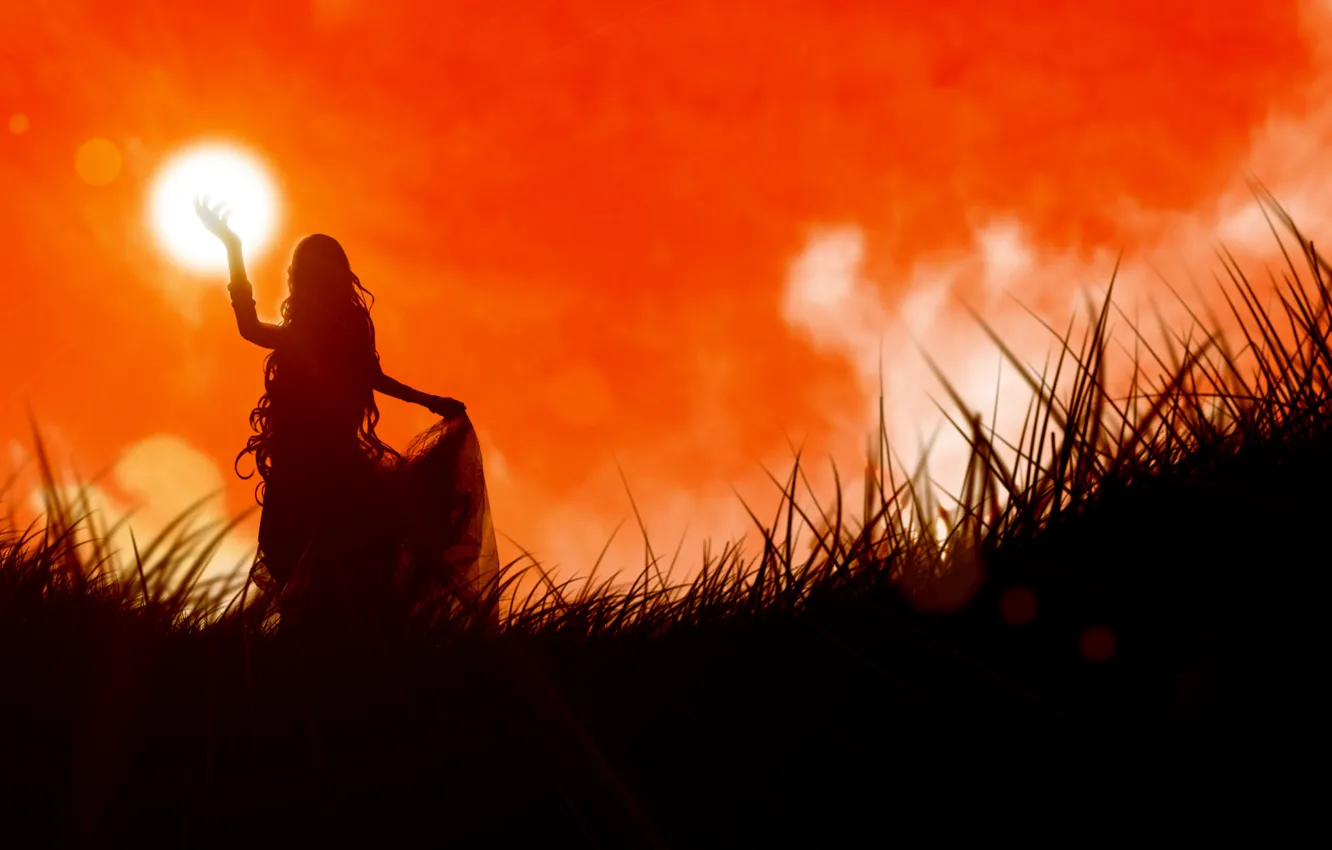 Photo wallpaper grass, girl, sunset