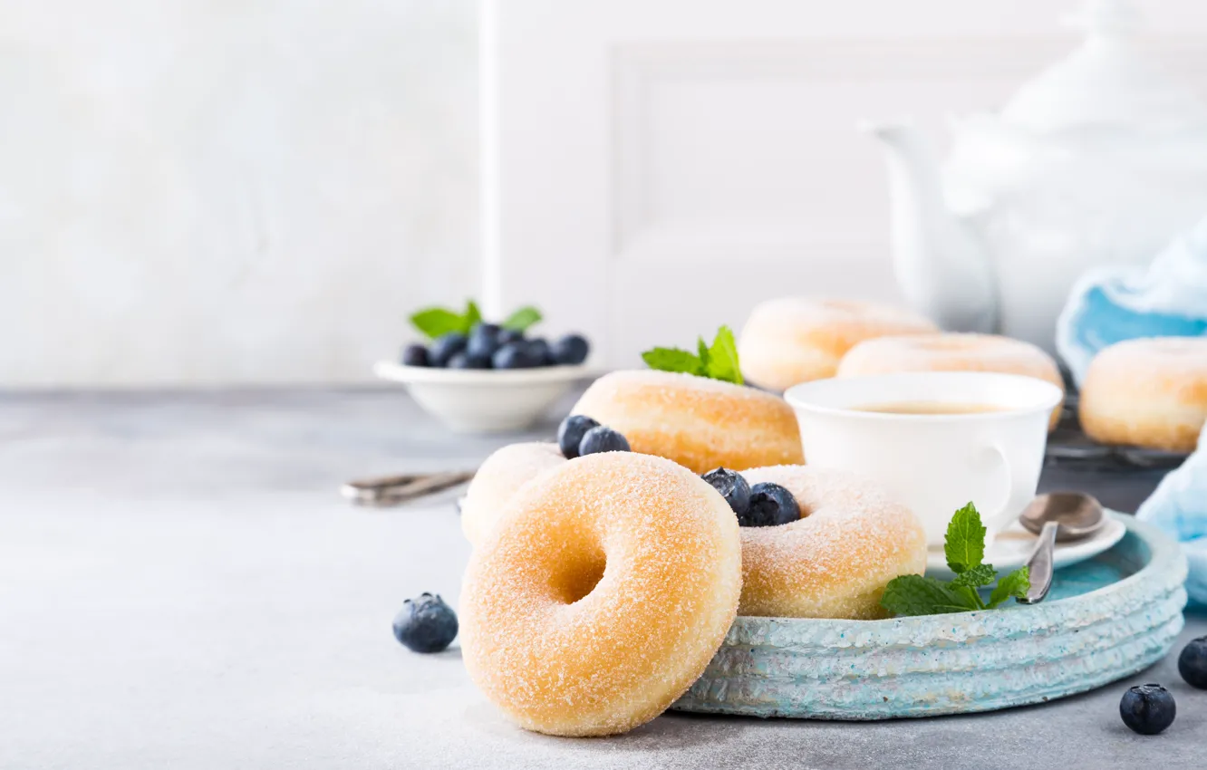 Photo wallpaper berries, tea, Breakfast, donuts, Iryna Melnyk
