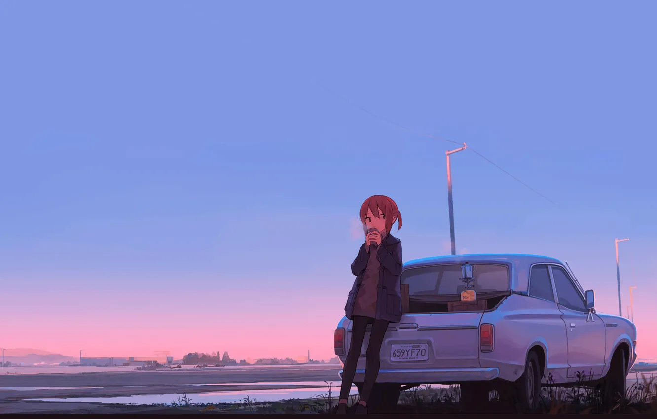 Photo wallpaper road, auto, girl, anime, horizon, art, STOP, to eat