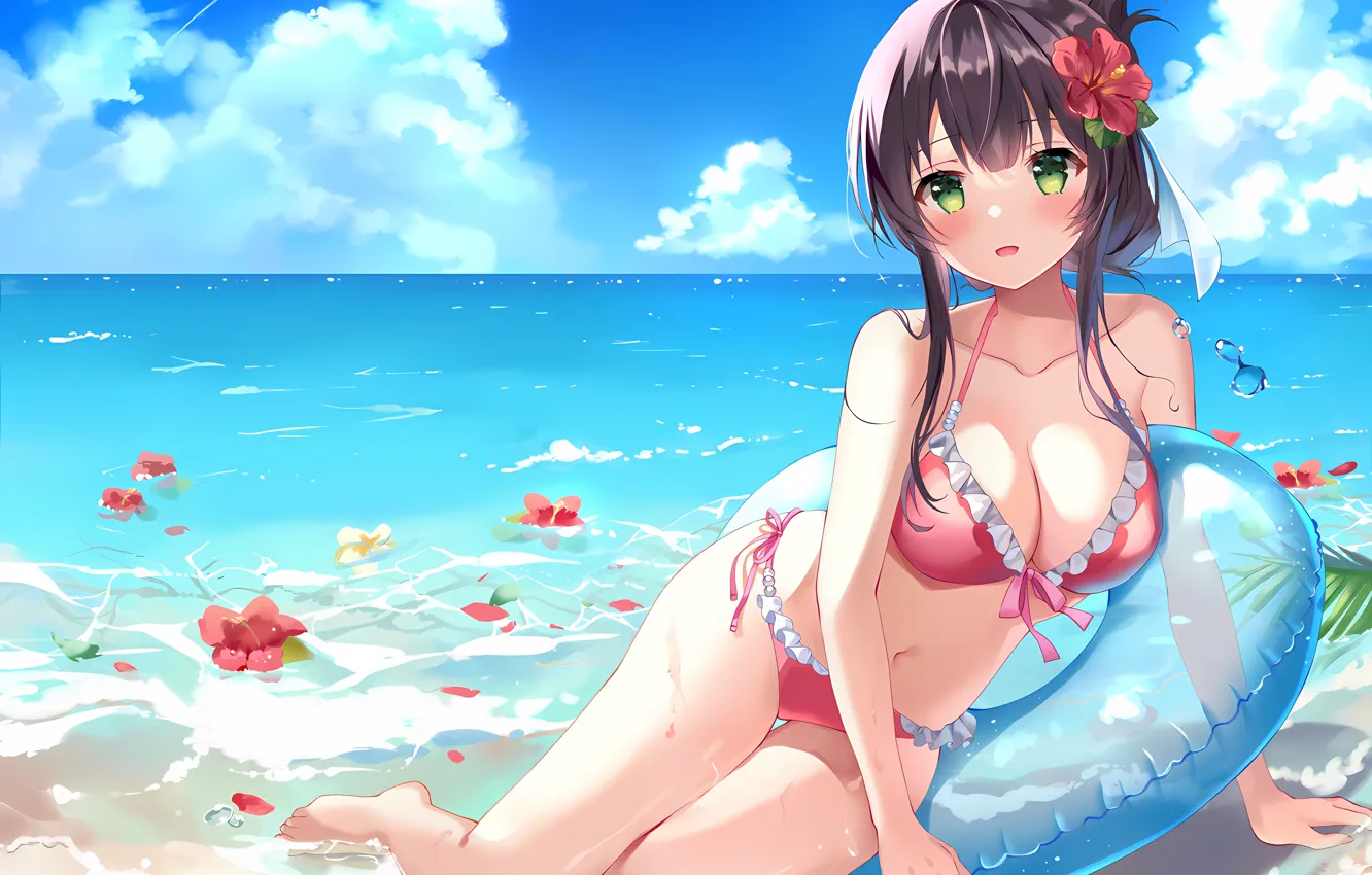 Photo wallpaper girl, sexy, wet, cleavage, beach, sky, green eyes, sea