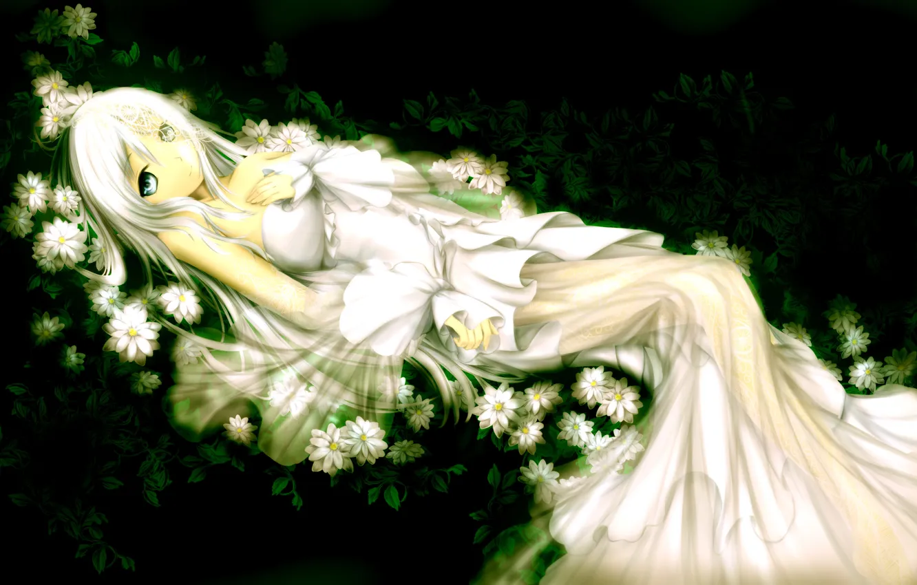 Photo wallpaper white, girl, flowers, dress, art, lace, lying, maoh