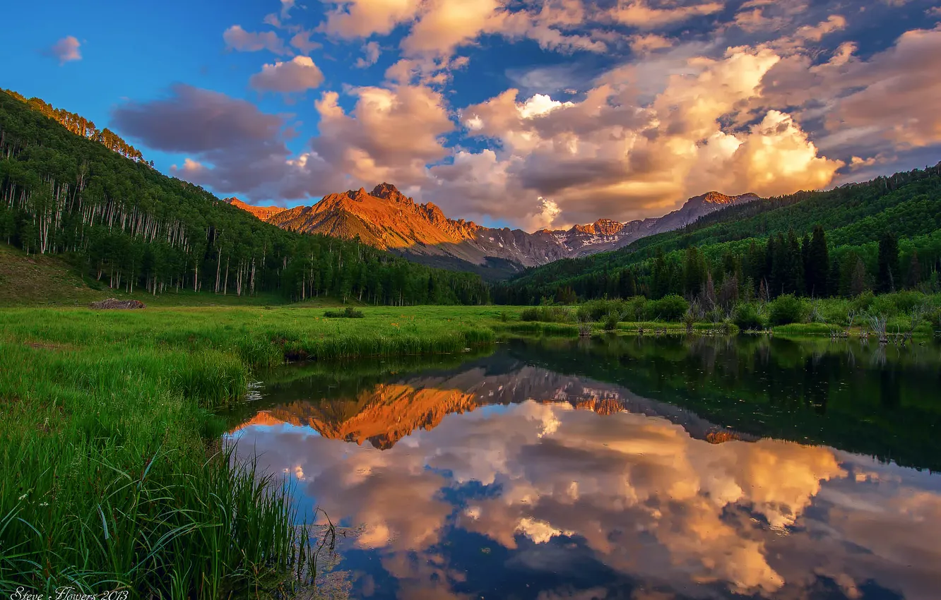 Photo wallpaper forest, the sky, water, clouds, reflection, mountains, lake, Colorado