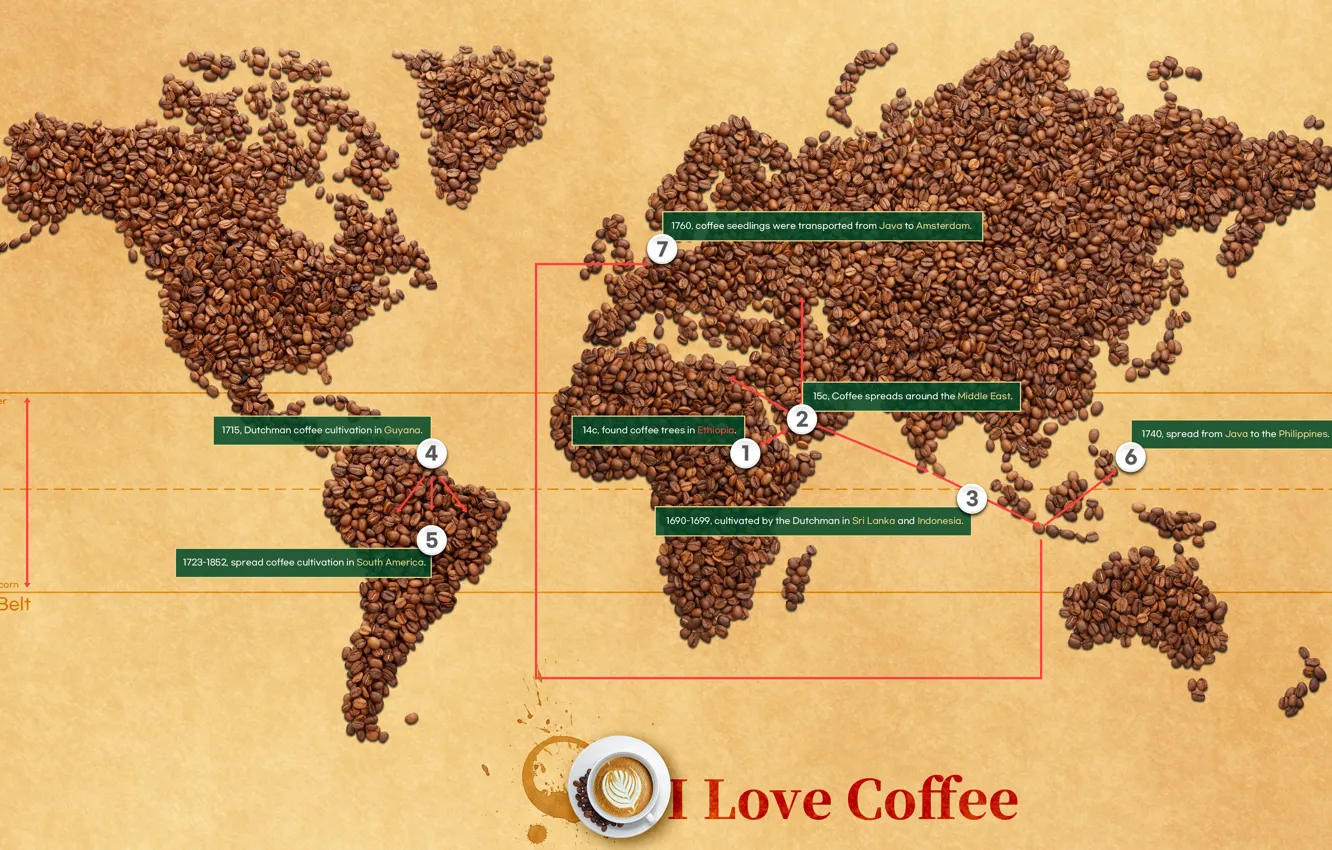 Photo wallpaper map, coffee, history of coffee