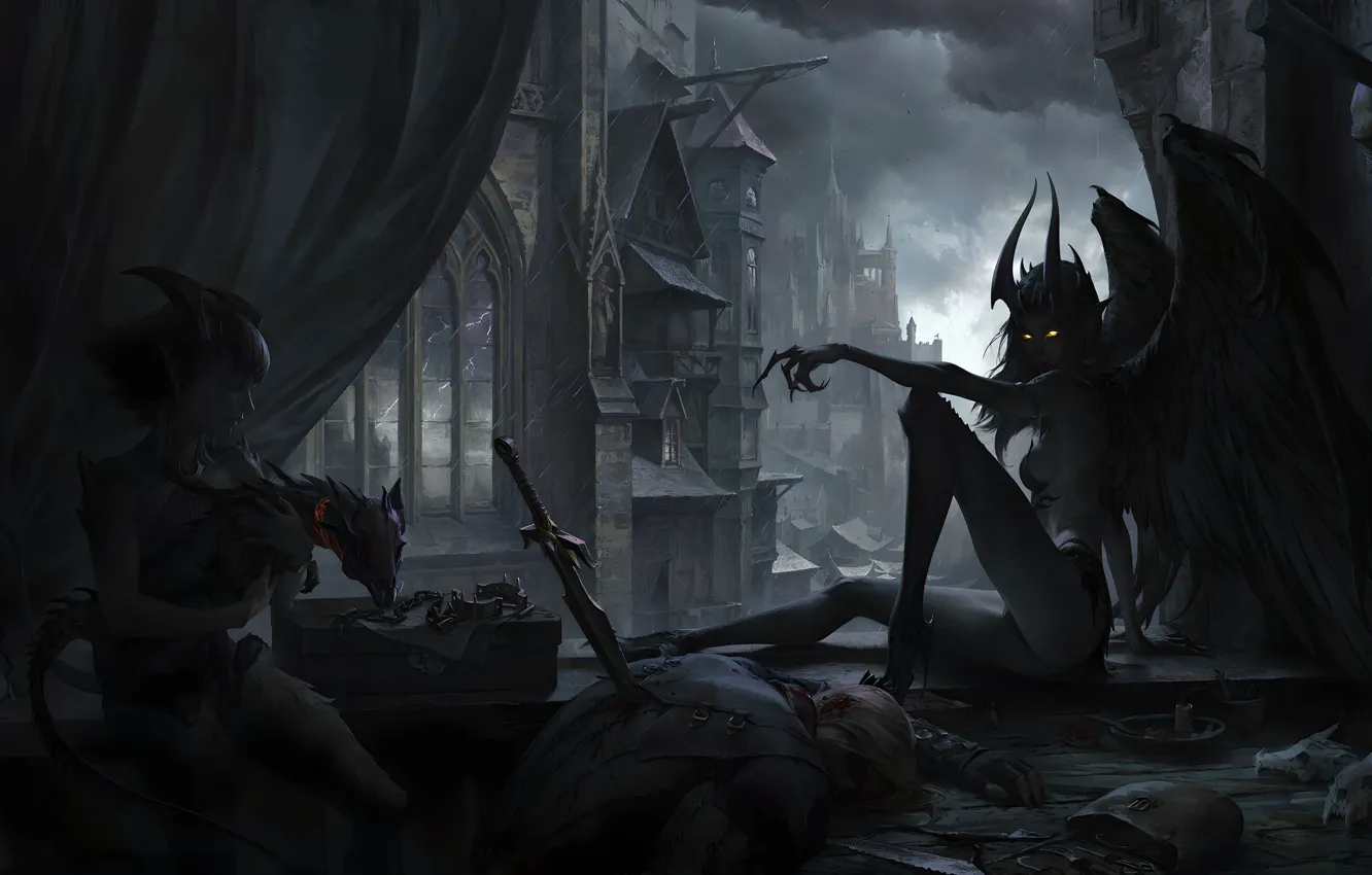 Photo wallpaper night, dragon, wings, horns, demoness, succubus, Supernatural Beings, monster girl