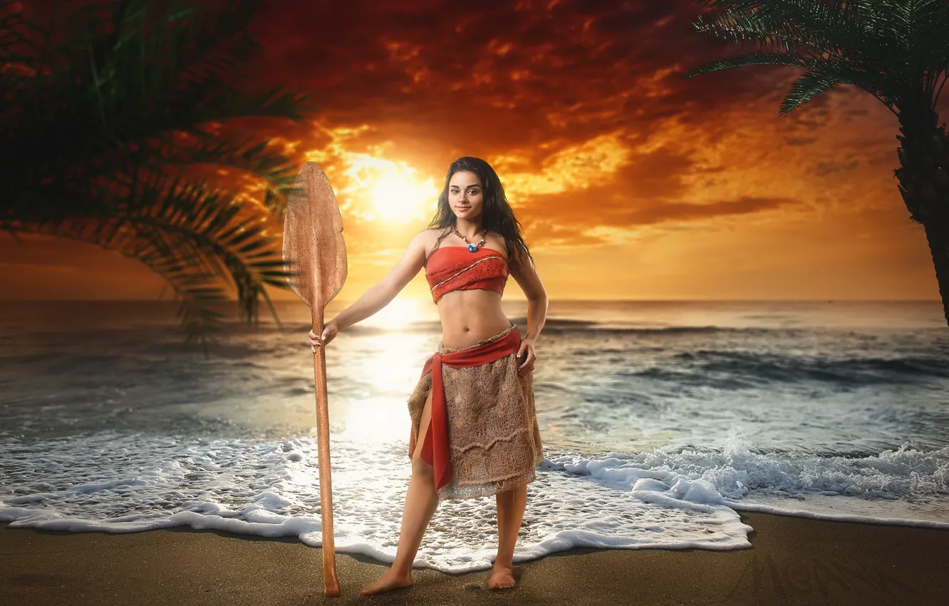 Photo wallpaper sea, look, girl, sunset