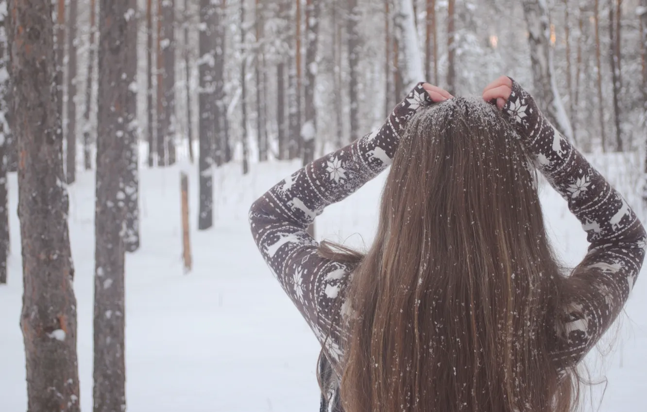 Photo wallpaper winter, girl, snow, trees