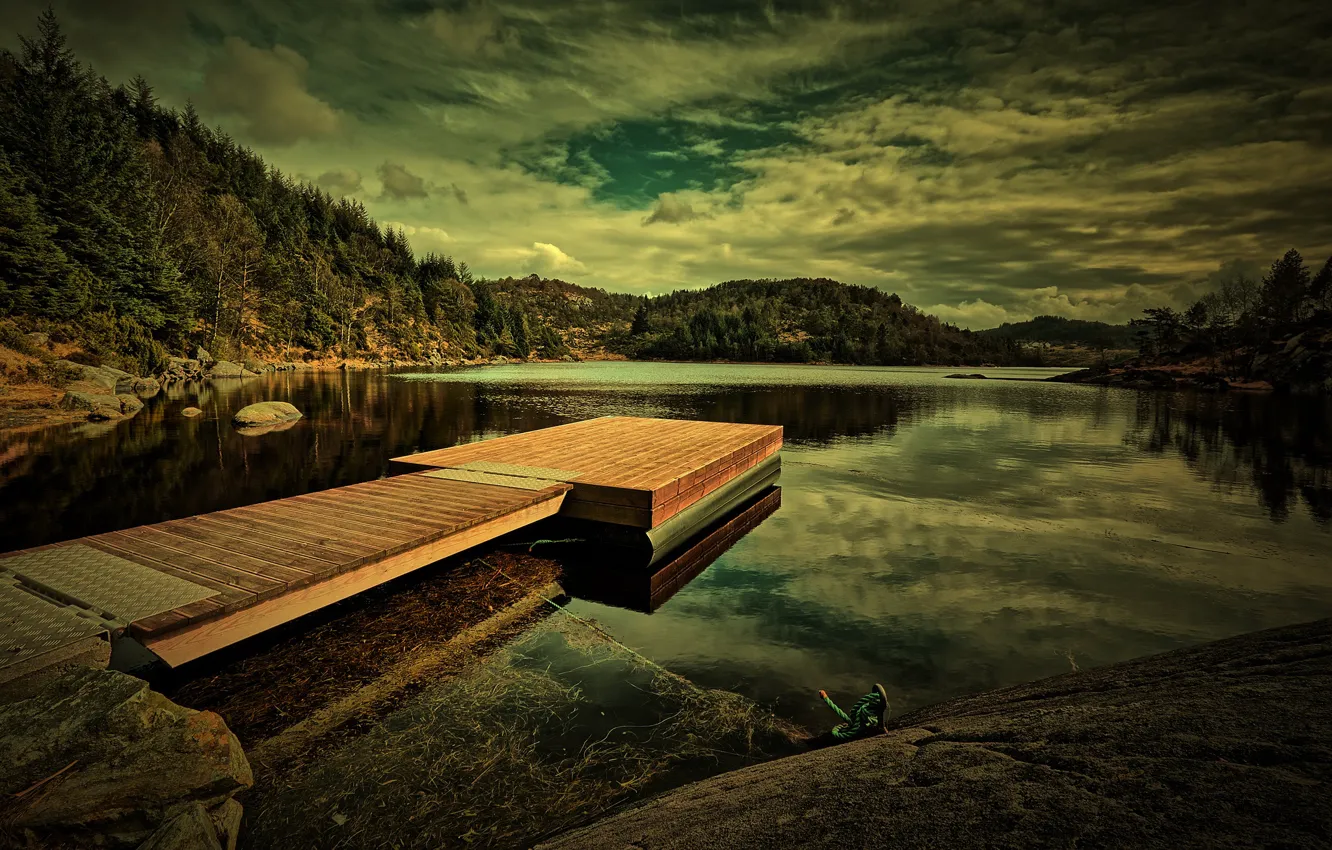 Photo wallpaper forest, lake, Norway, pierce, the bridge, Norway, Rogaland, Eivindsvatnet