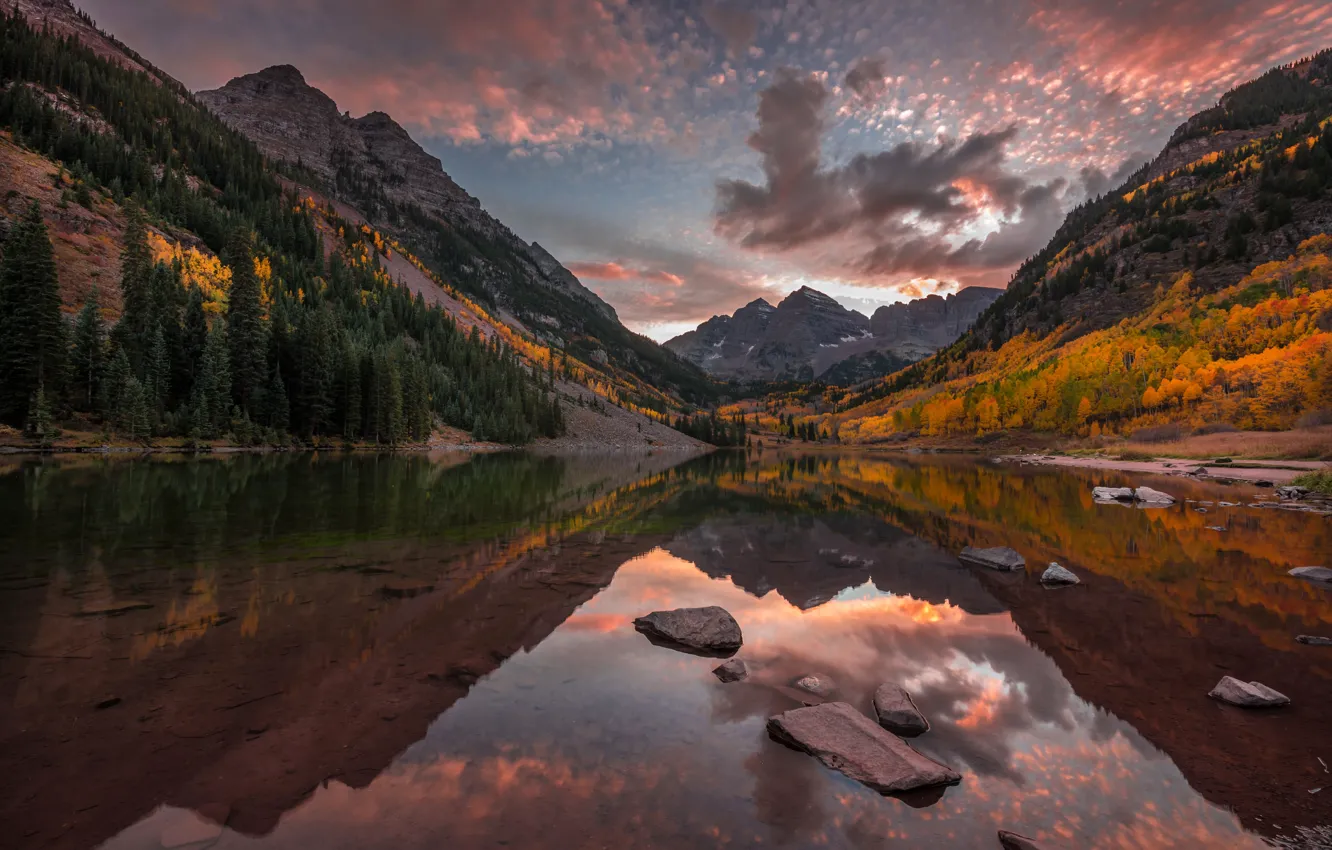 Photo wallpaper forest, clouds, mountains, reflection, the evening, slope, pond