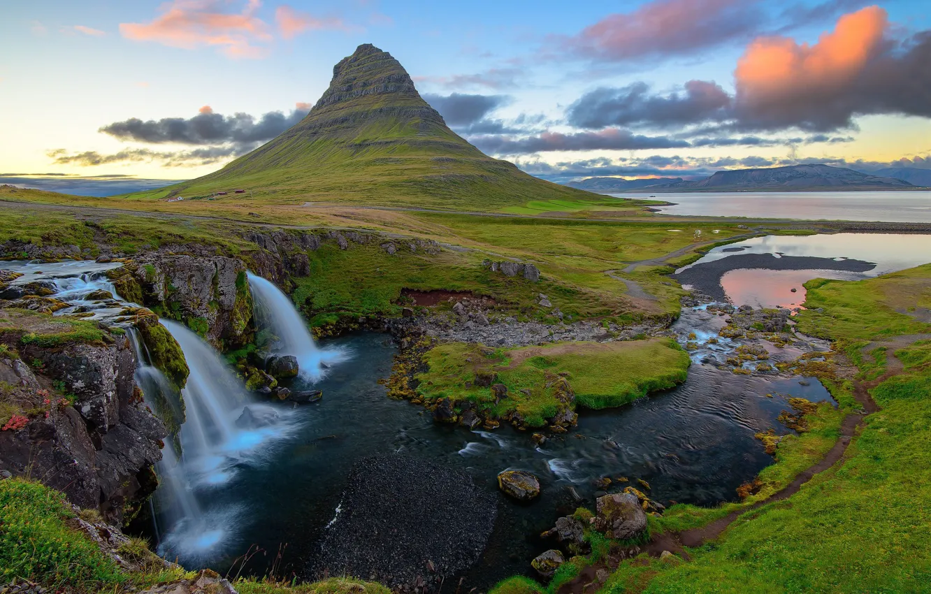 Photo wallpaper clouds, sunset, Iceland, Kirkjufellsfoss