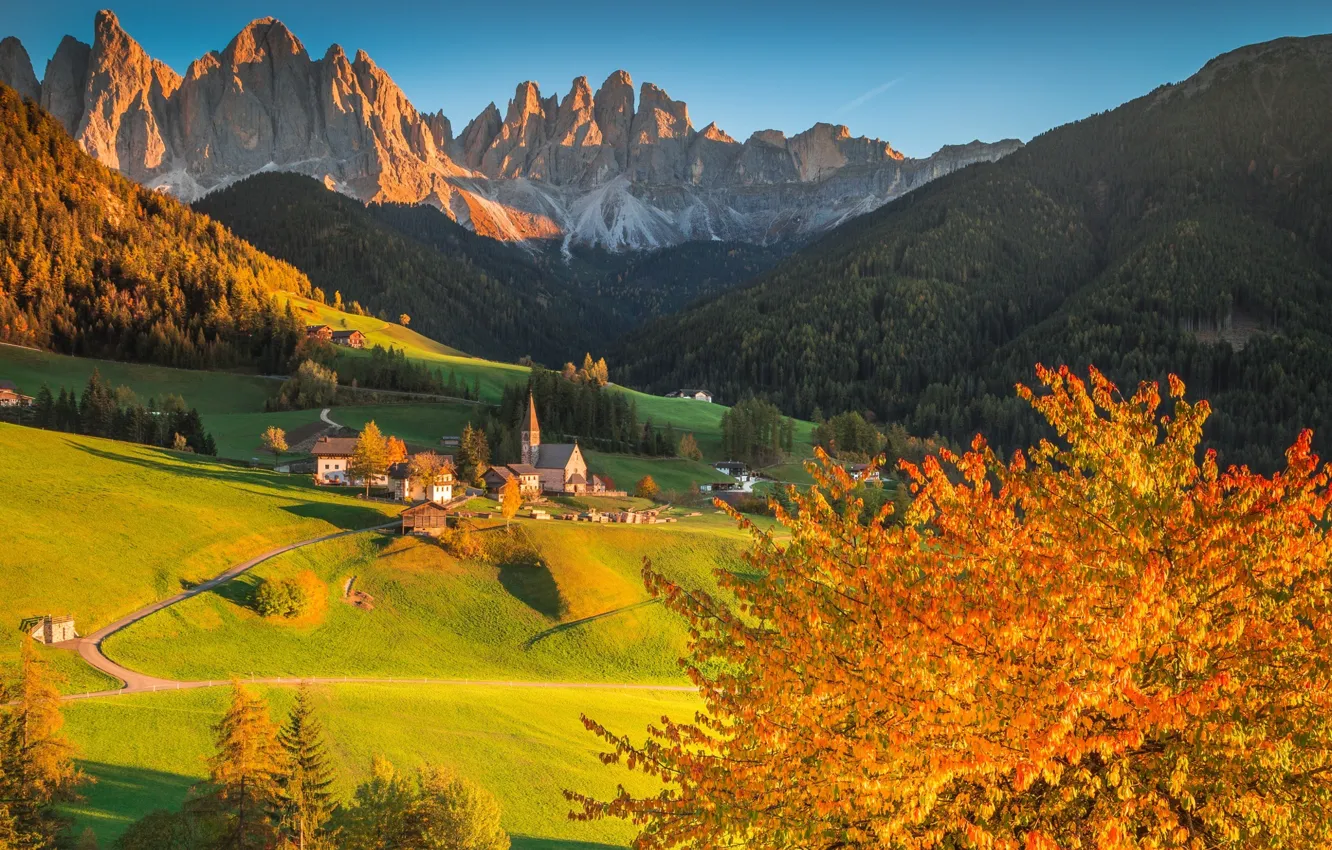 Photo wallpaper autumn, forest, trees, sunset, mountains, home, Italy, Church