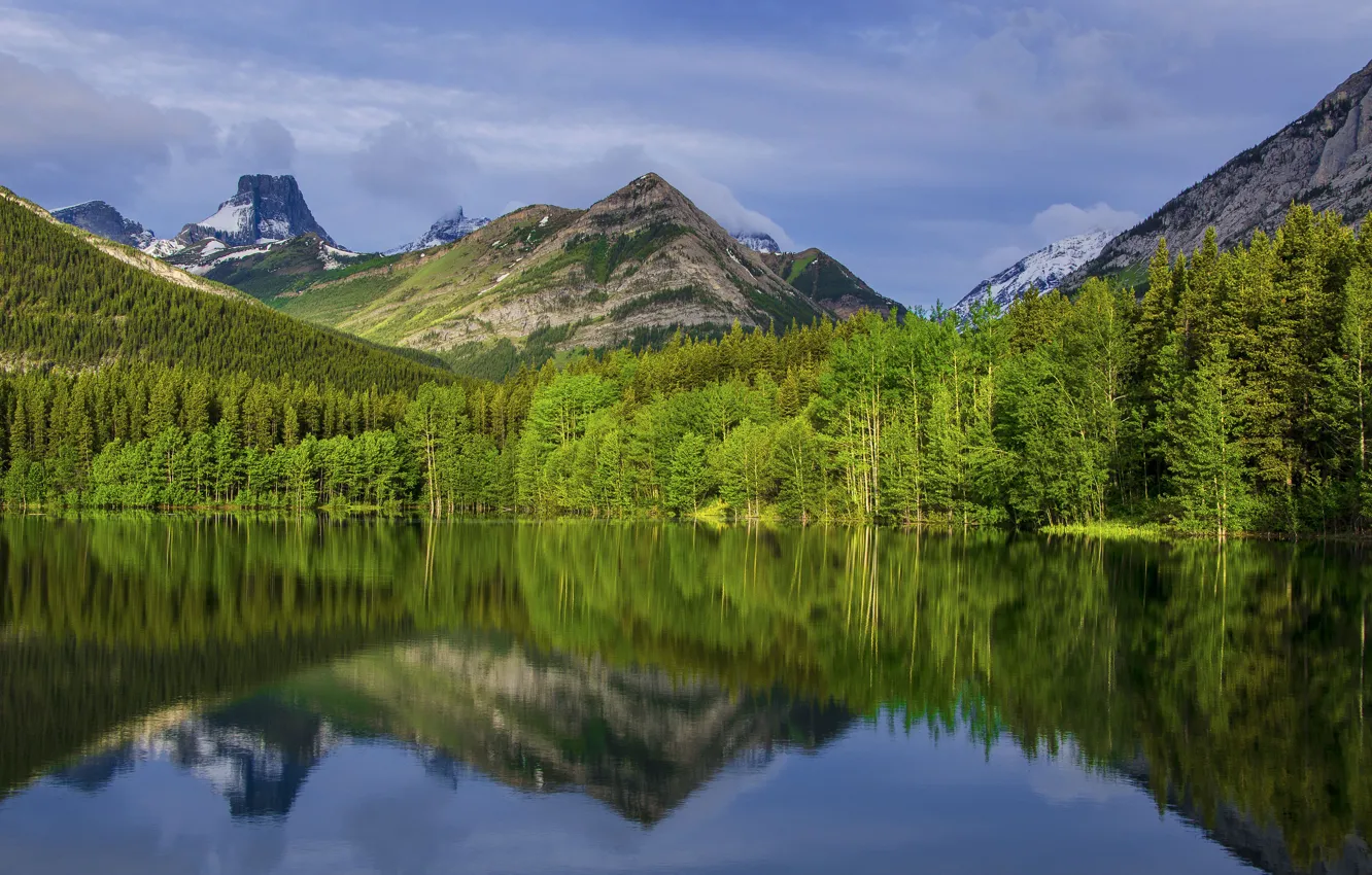 Photo wallpaper the sky, clouds, trees, mountains, lake, reflection, Canada, Albert