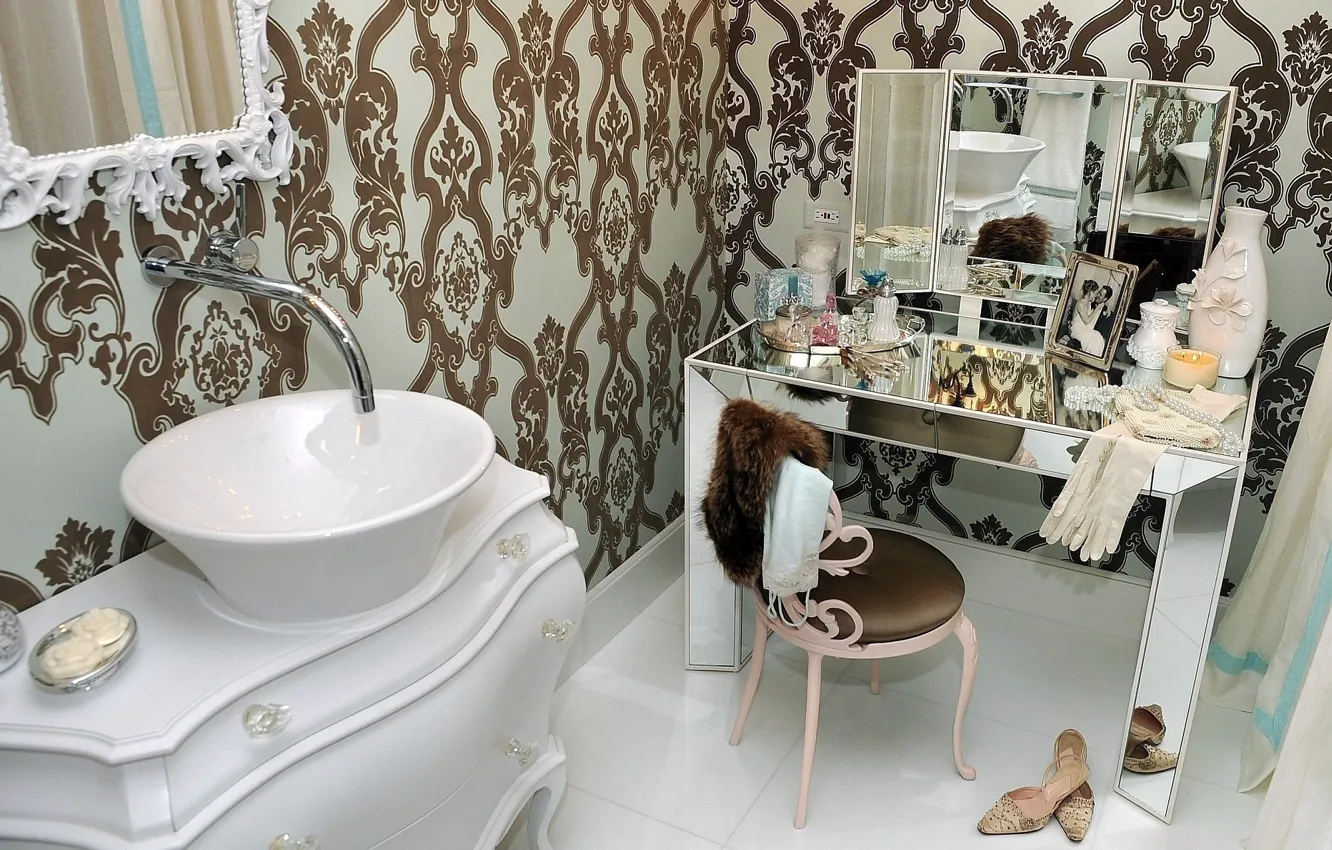 Photo wallpaper room, mirror, chair, bathroom, the wash basin.