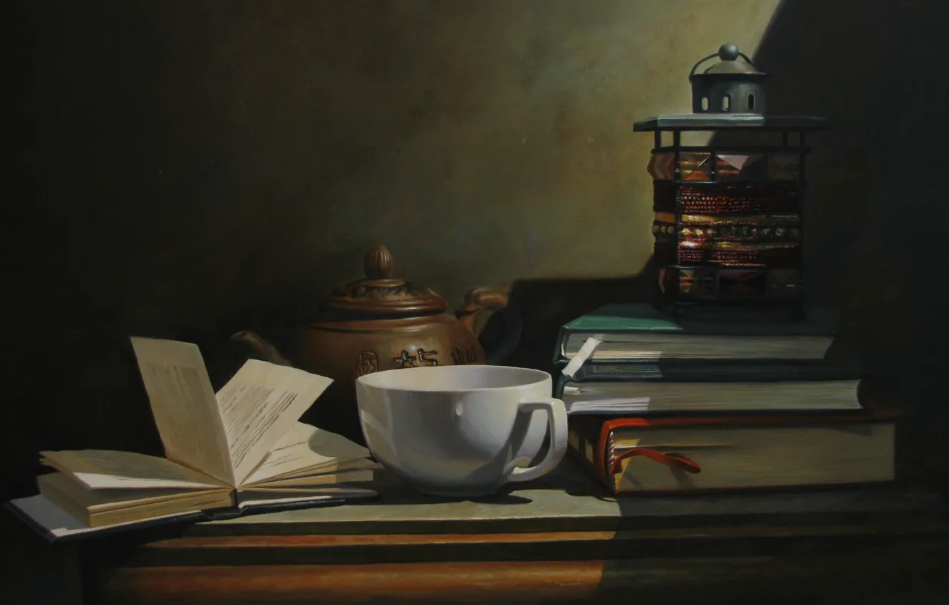 Photo wallpaper table, wall, tea, books, mug, shadows, still life, page