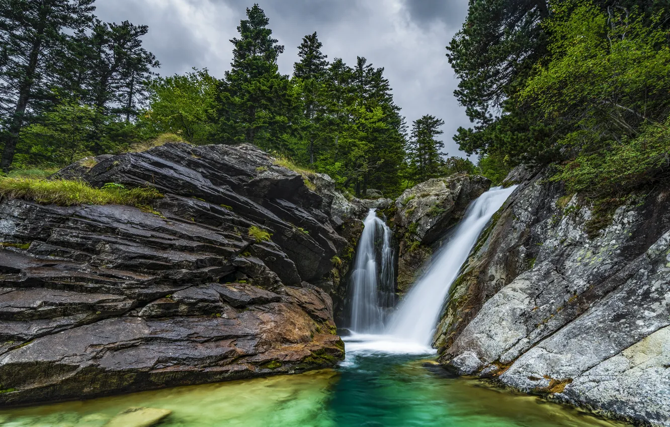 Photo wallpaper forest, rocks, shore, waterfall, stream