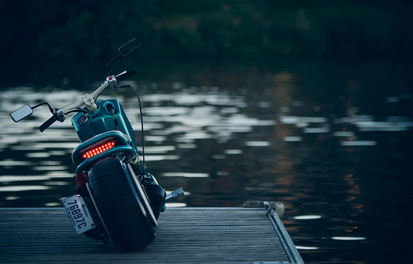 Photo wallpaper pier, motorcycle, bike, the bridge, pond
