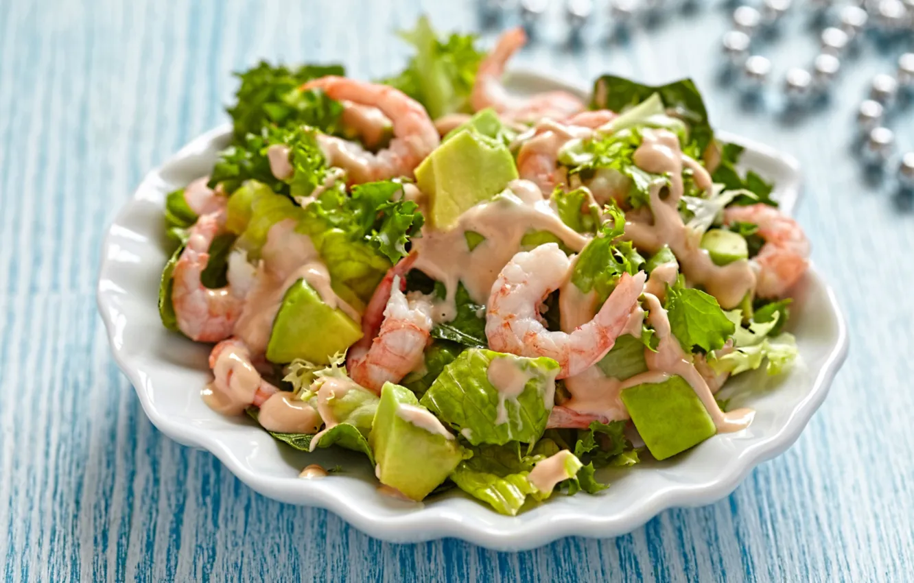 Photo wallpaper salad, shrimp, avocado