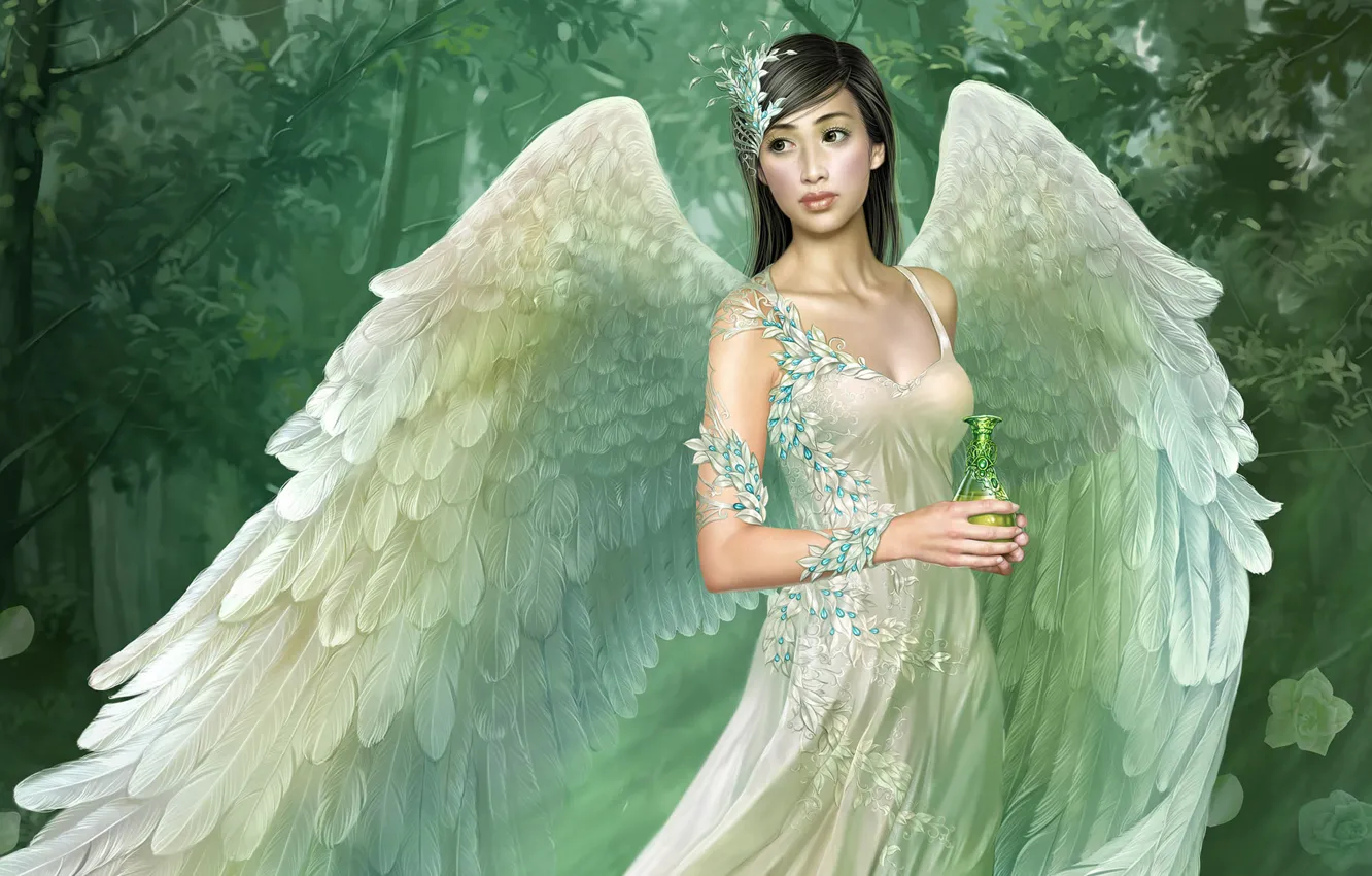 Photo wallpaper white, girl, wings, angel, dress, Tang Yuehui
