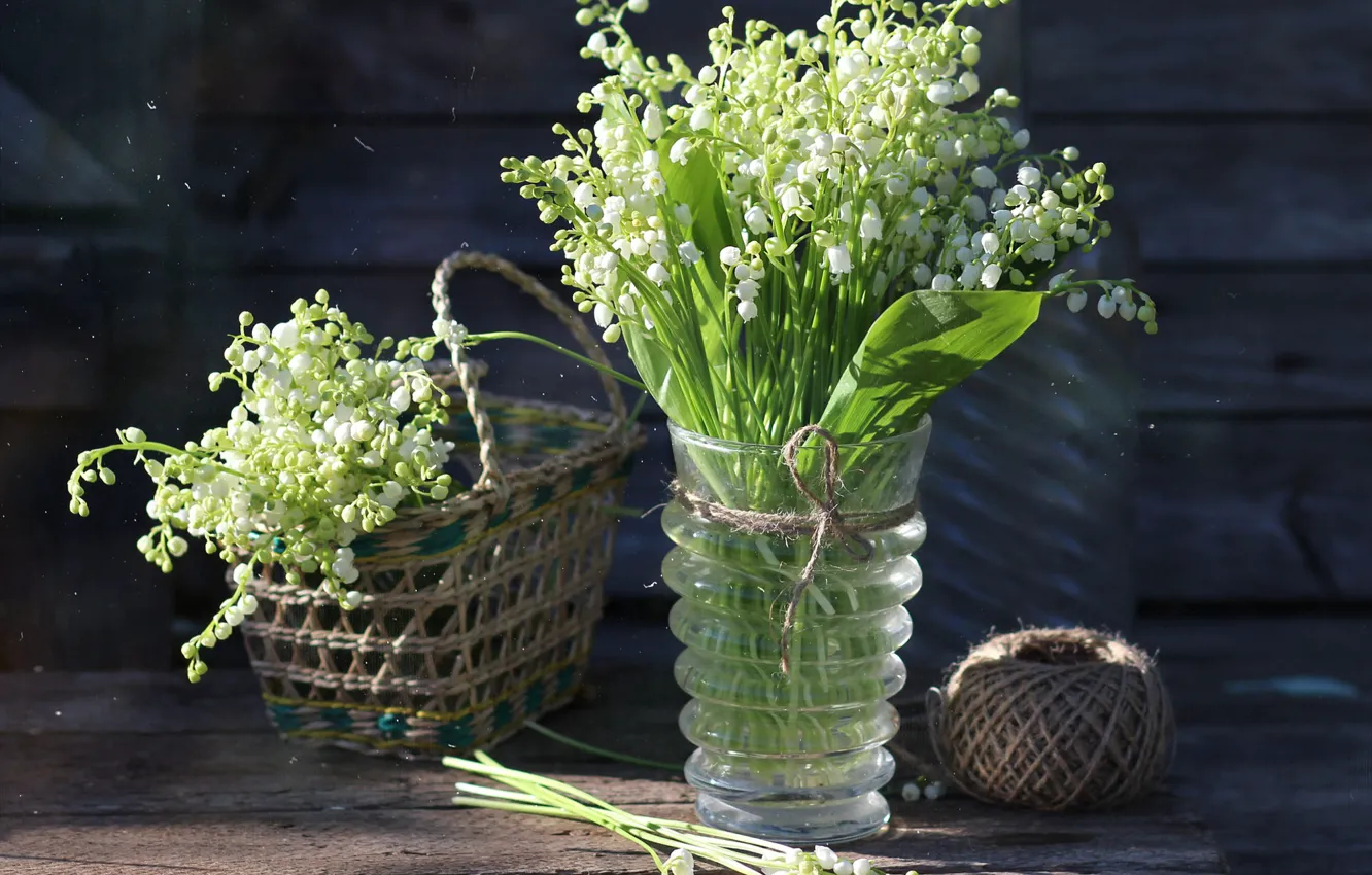 Photo wallpaper glass, light, flowers, Board, bouquet, spring, rope, vase