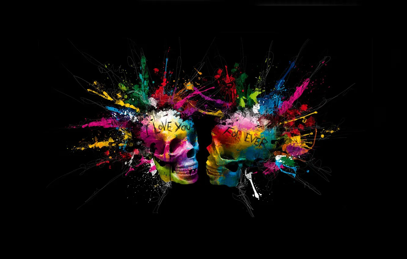 Photo wallpaper bright colors, squirt, skull, eternal love, love forever