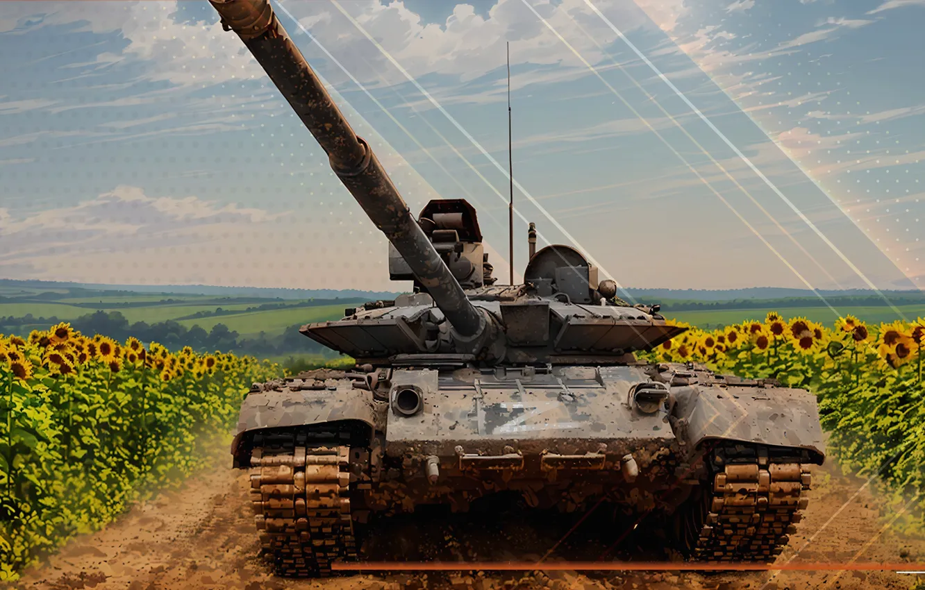 Photo wallpaper military, art, tank, Weapons, sunflowers