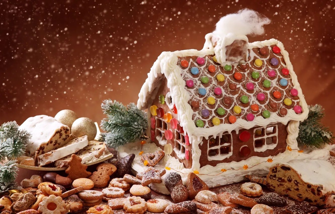 Photo wallpaper winter, holiday, magic, cookies, Christmas, sweets, house, snowfall
