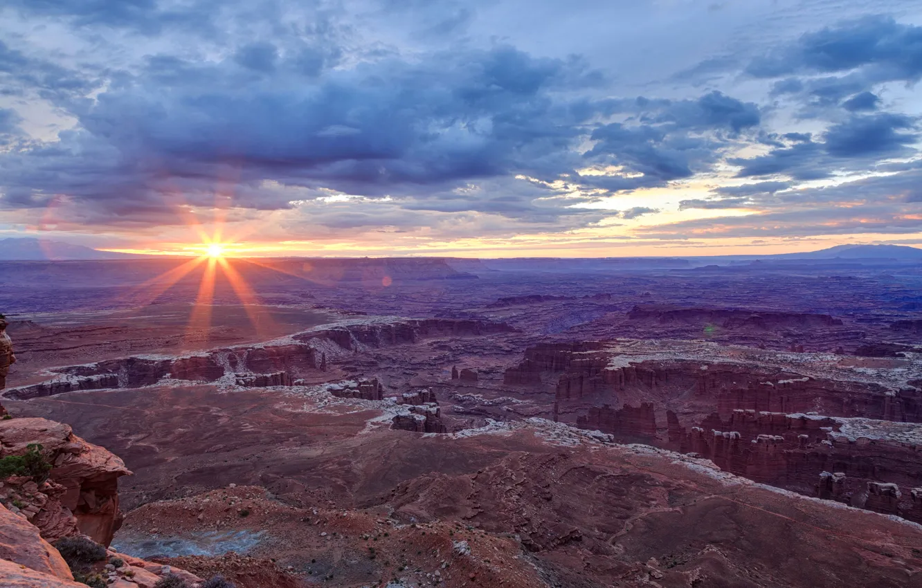 Photo wallpaper the sky, the sun, clouds, rays, sunset, mountains, horizon, canyon