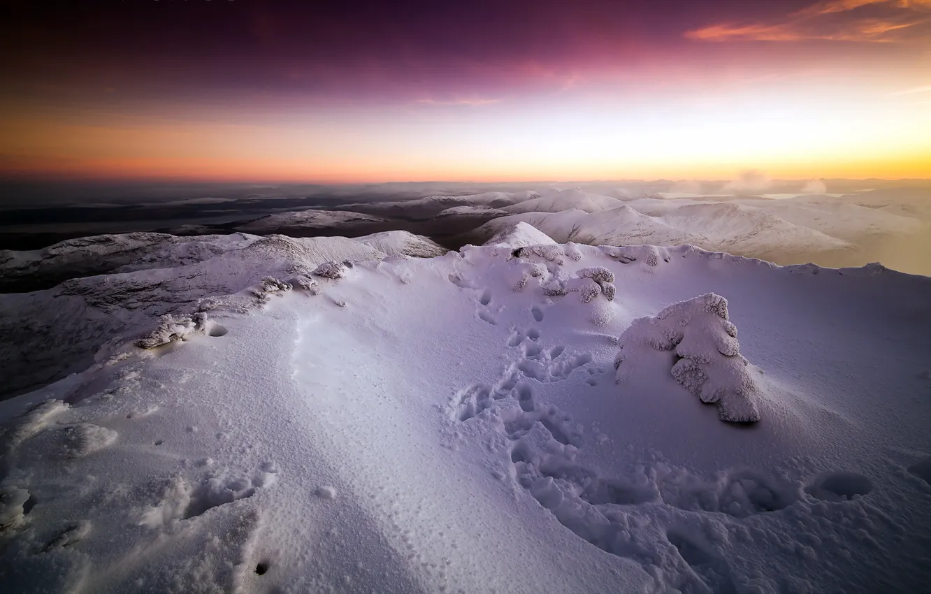 Photo wallpaper snow, sunset, mountains