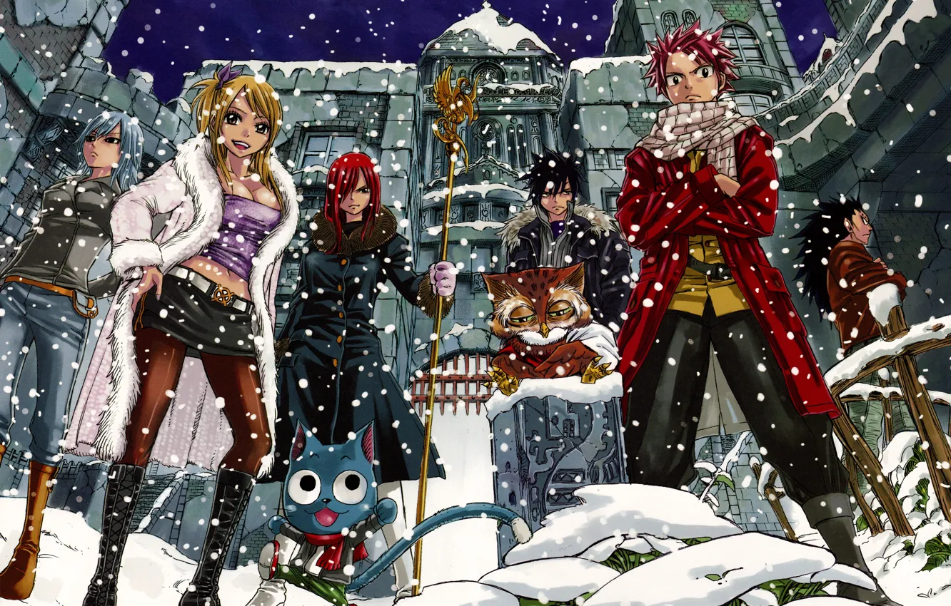 Photo wallpaper snow, girls, anime, art, guys, Fairy Tail, Tale of fairy tail, Ezra Scarlet