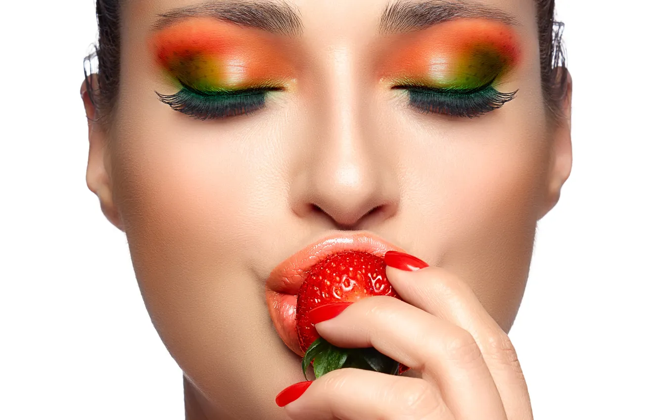 Photo wallpaper girl, eyelashes, hand, makeup, strawberry, lips, shadows, fingers