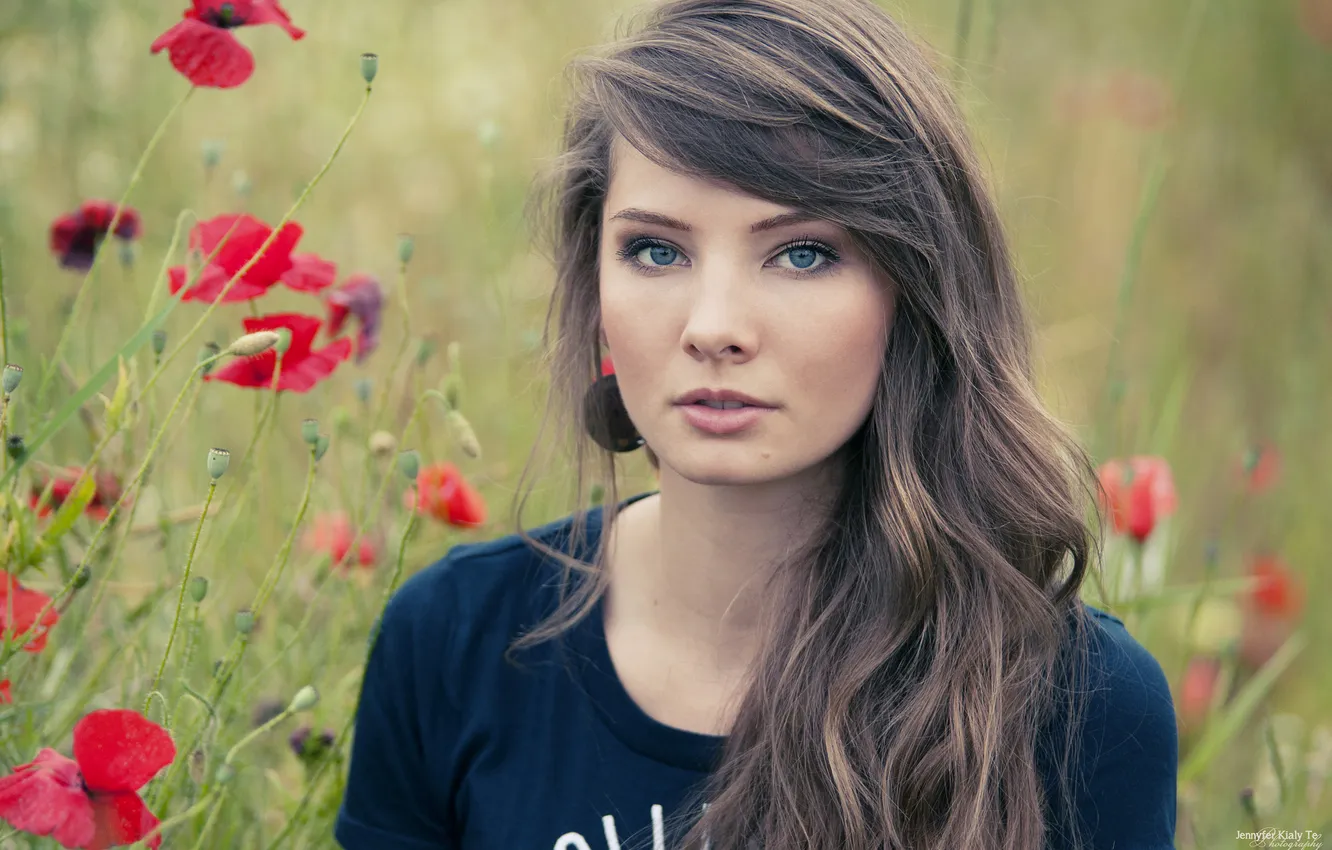 Photo wallpaper field, girl, flowers, Maki, portrait, girl, field, flowers