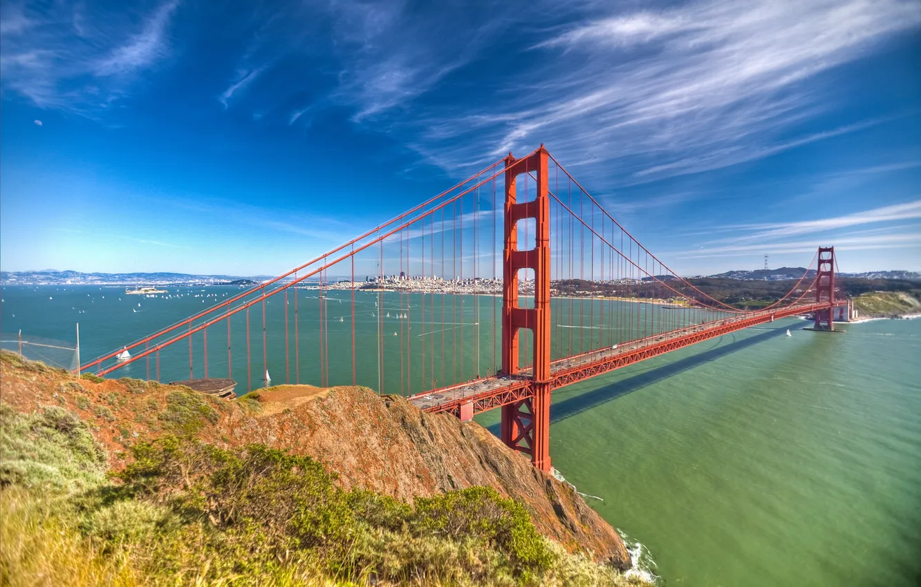 Photo wallpaper bridge, the city, Strait, Wallpaper, San Francisco, Golden Gate, San Francisco, suspension bridge