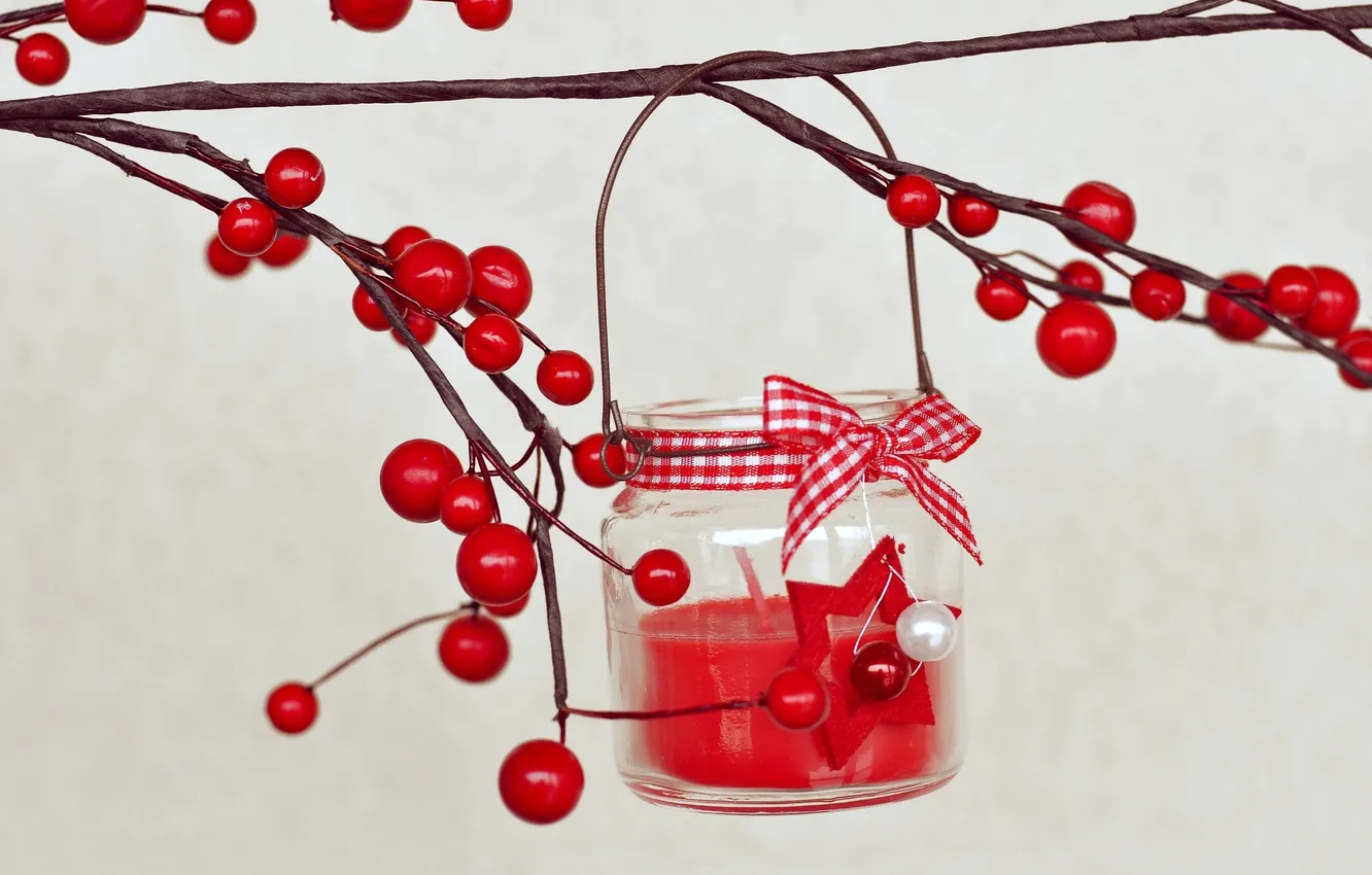 Photo wallpaper branches, red, berries, candles, bow, Holly, Holly