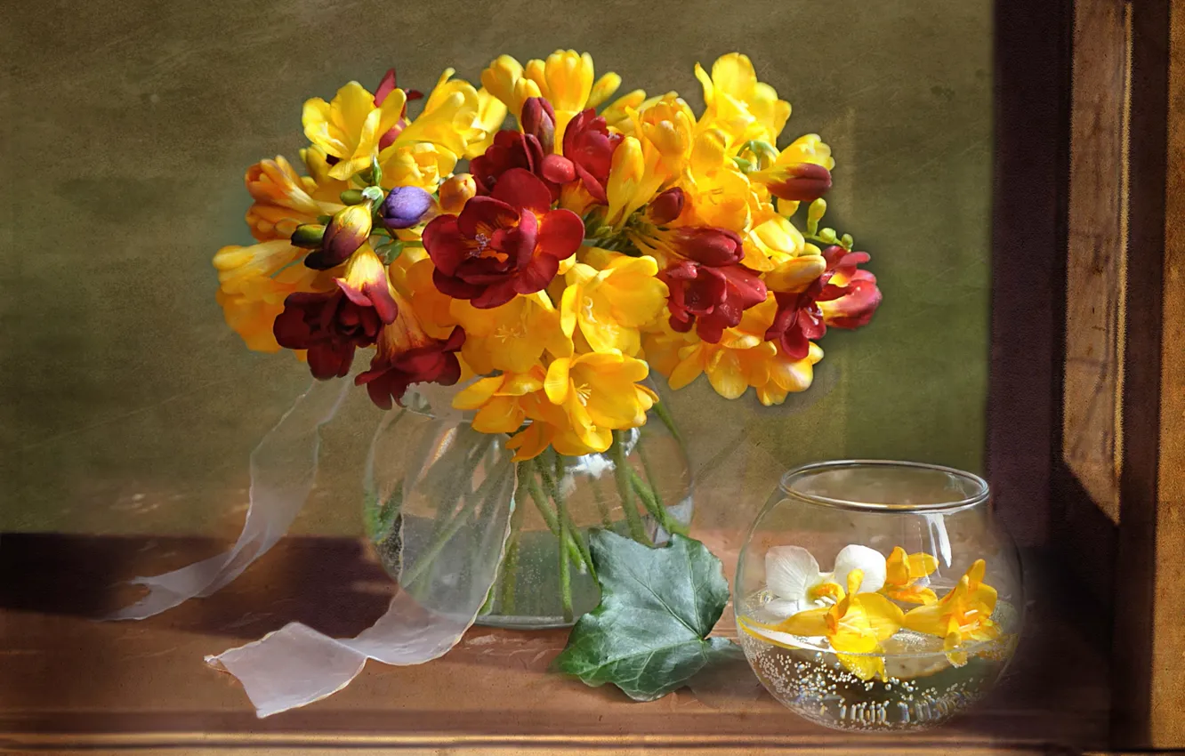 Photo wallpaper summer, flowers, bouquet, vase, freesia, lifes