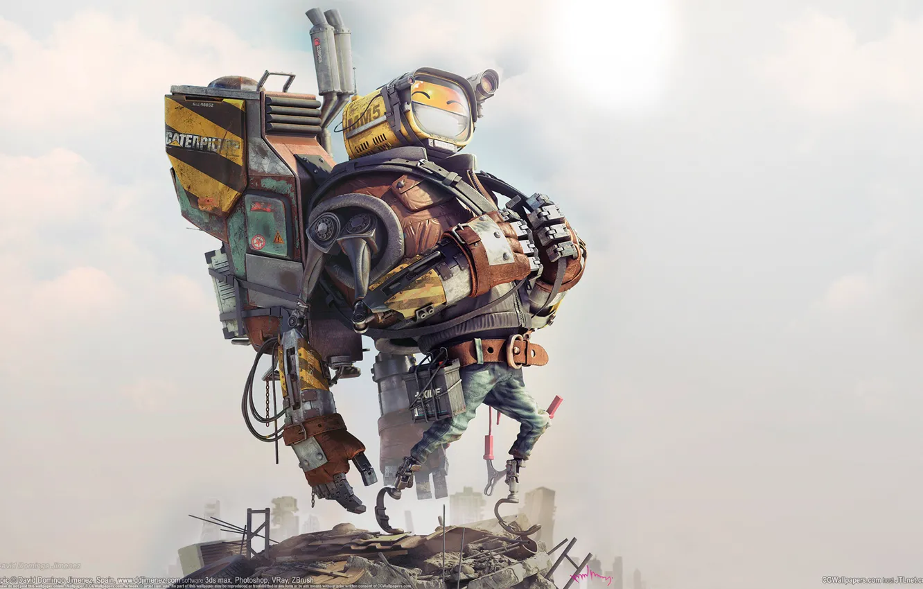 Photo wallpaper the city, pose, smile, garbage, robot, jeans, tool, backpack