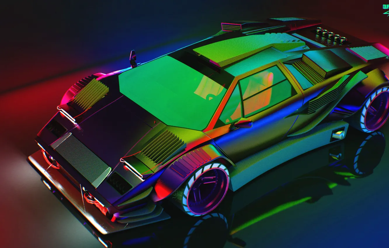 Photo wallpaper car, machine, auto, reflection, rendering, neon, Lamborghini, The hood