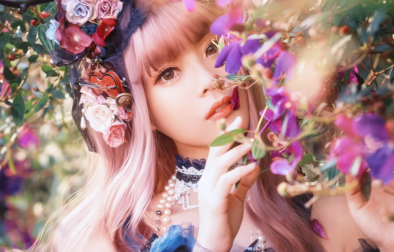 Photo wallpaper look, girl, flowers, pose, portrait, dress, Asian, wreath